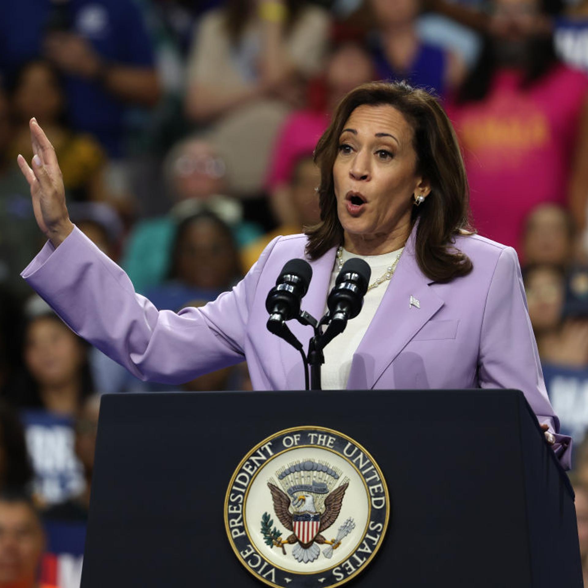 Democratic presidential candidate, U.S. Vice President Kamala Harris speaks during a campaign rally with Democratic vice presidential candidate Minnesota Governor Tim Walz at the University of Las Vegas Thomas & Mack Center on Aug. 10, 2024 in Las Vegas,
