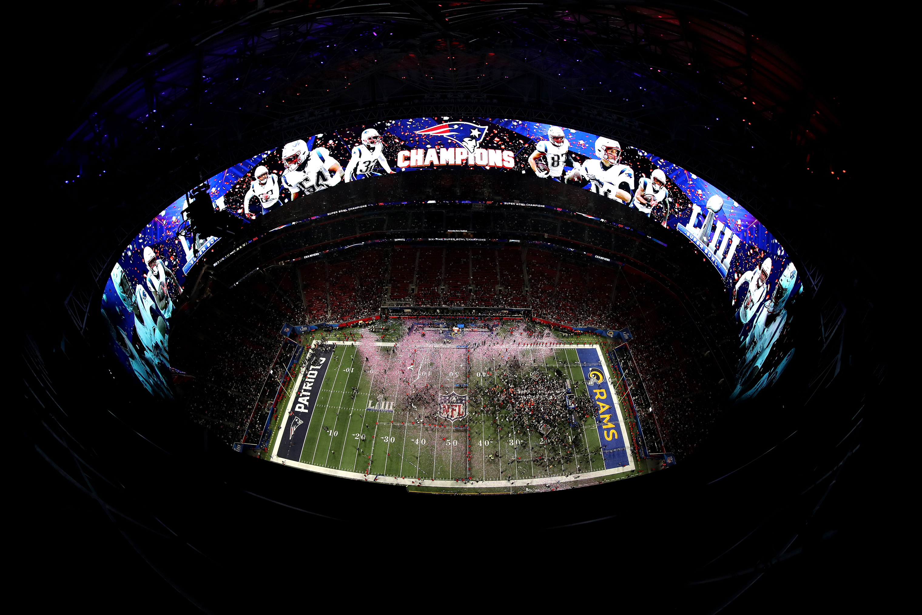 A general view as the the New England Patriots celebrate their 13 to 3 win over the the Los Angeles Rams in Super Bowl LIII at Mercedes-Benz Stadium on February 3, 2019 in Atlanta, Georgia.