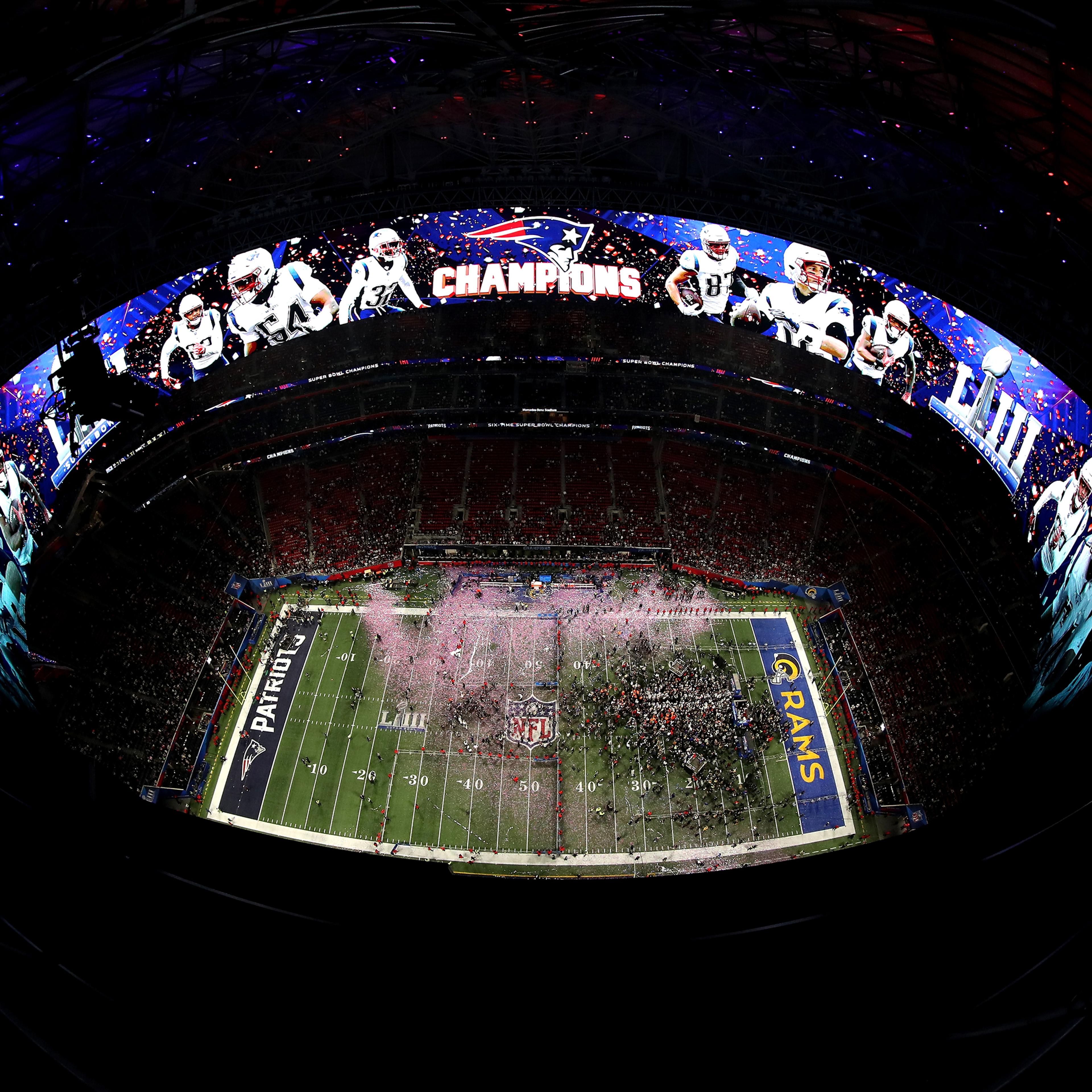 A general view as the the New England Patriots celebrate their 13 to 3 win over the the Los Angeles Rams in Super Bowl LIII at Mercedes-Benz Stadium on February 3, 2019 in Atlanta, Georgia.