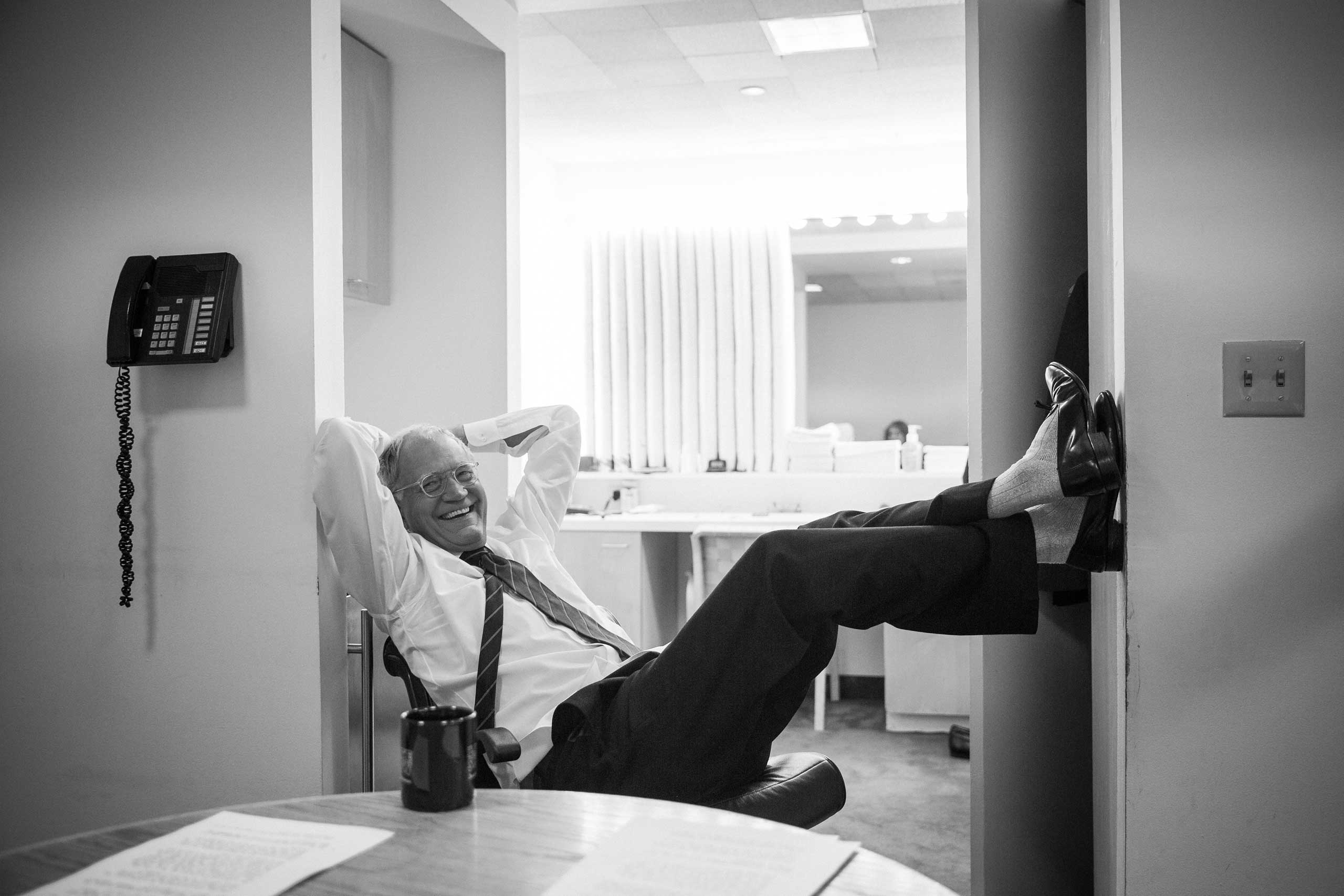 David Letterman relaxes in his dressing room before a taping of The Late Show, at the Ed Sullivan Theater in New York, April 20, 2015.