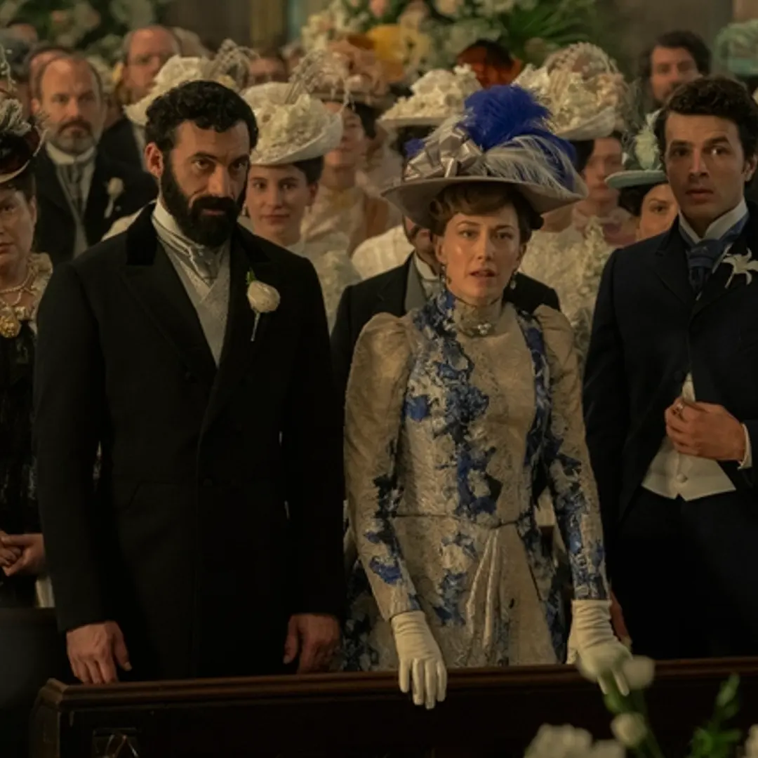 From left: Morgan Spector, Carrie Coon, and Harry Richardson in <i>The Gilded Age</i> Season 3