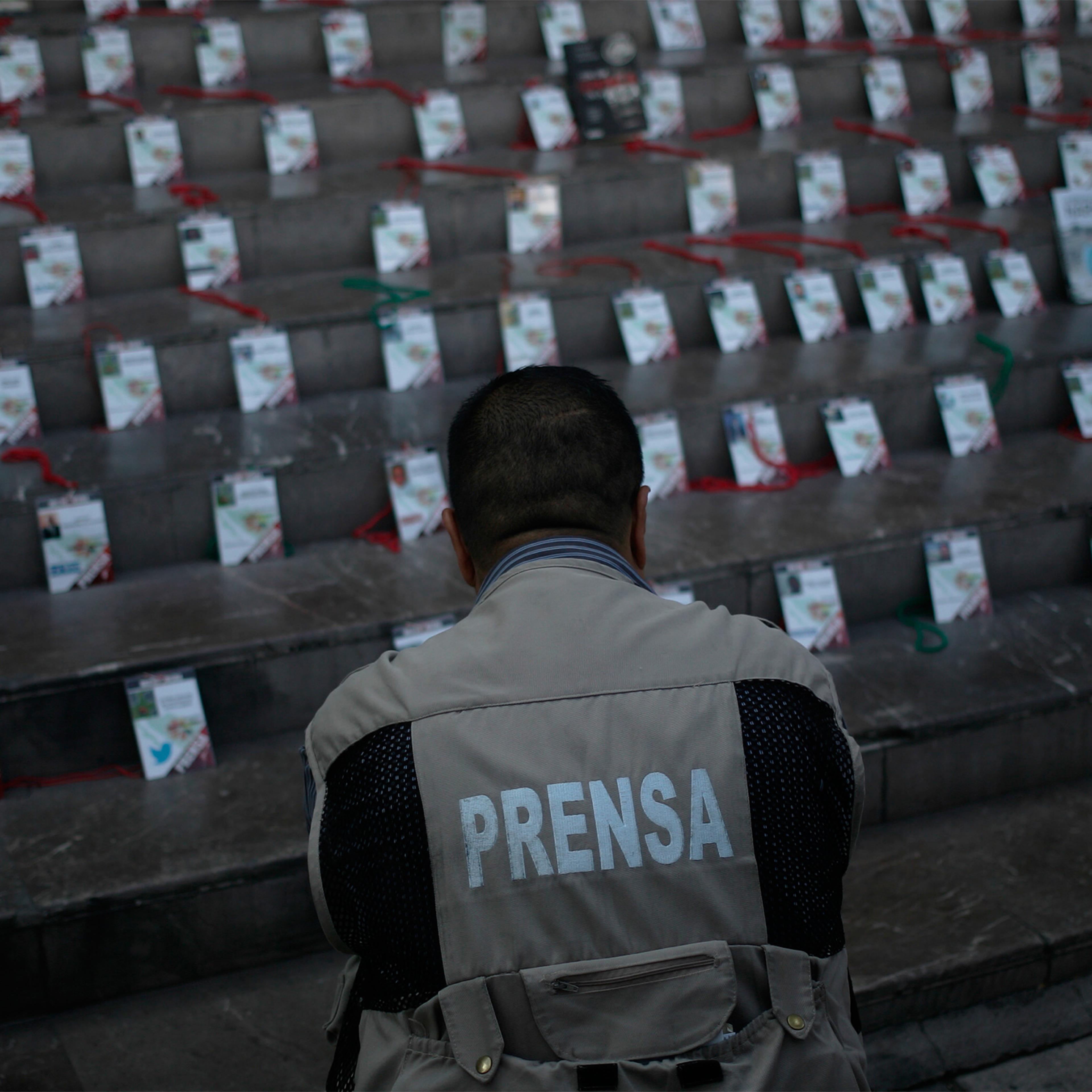 Journalists lay out the credentials of their murdered colleagues during a demonstration at the Attorney General's Office of Jalisco on May 16, 2017 in Guadalajara, Mexico following the murder of Javier Valdez Cardenas.