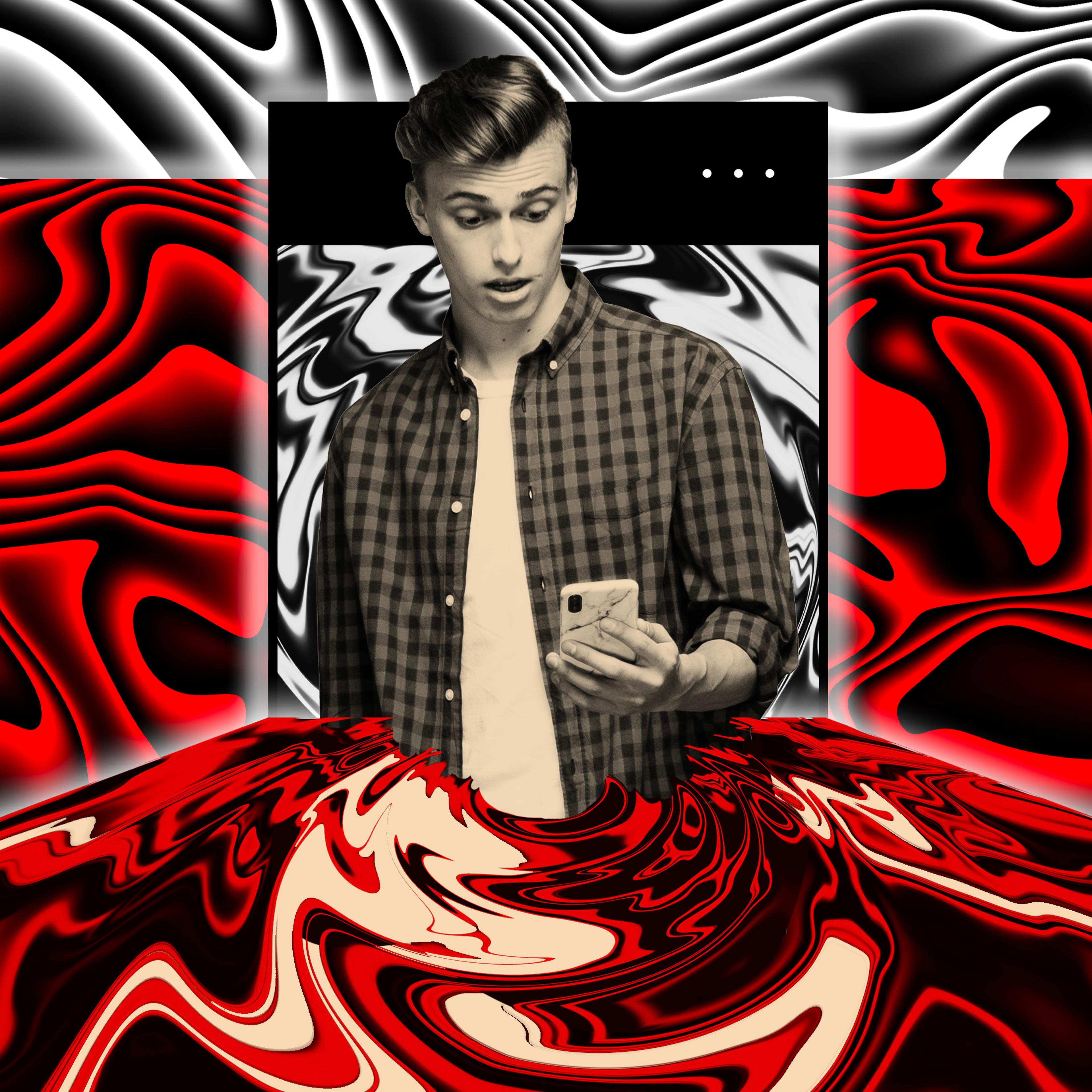 A young man on his phone with a red and black vortex details around him.