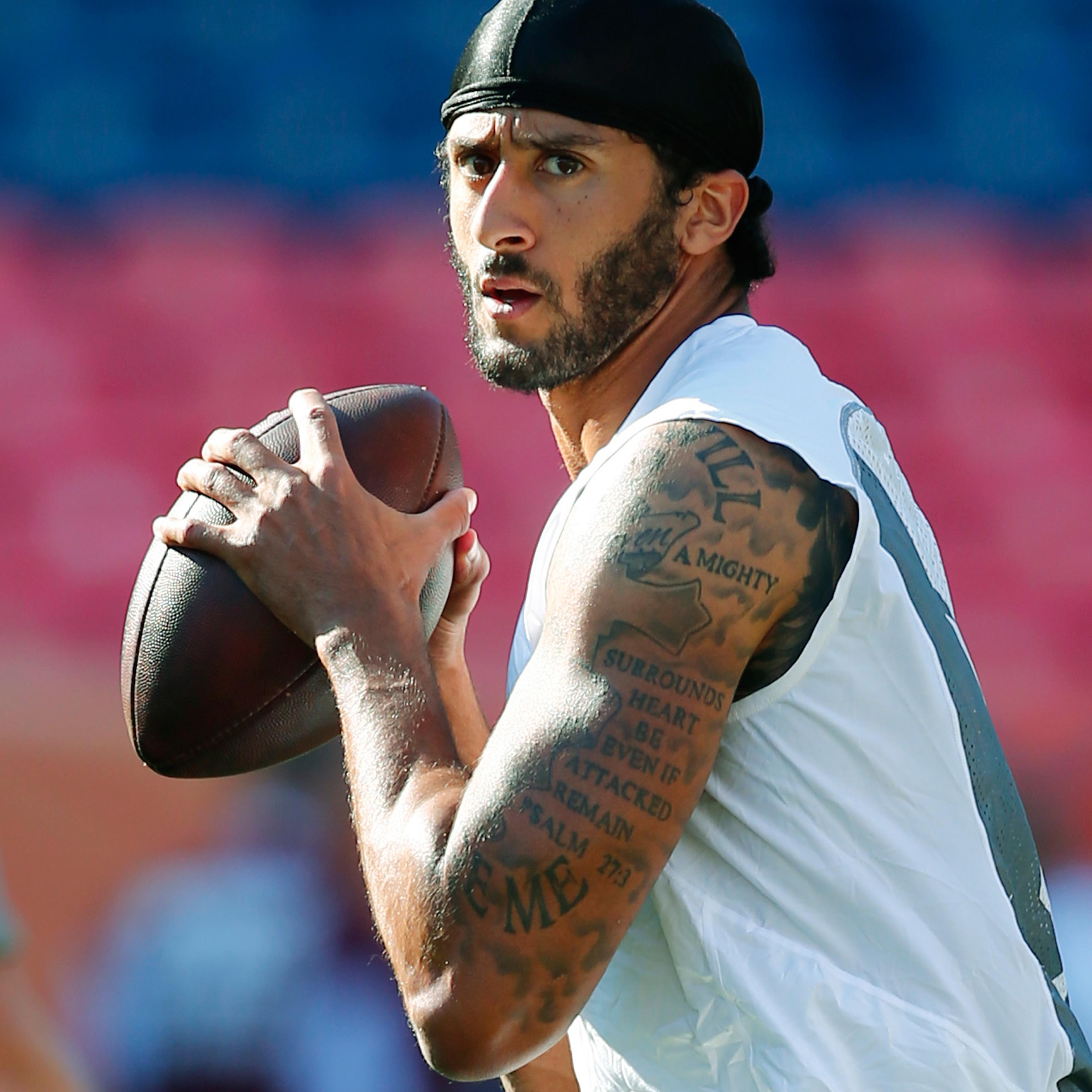 San Francisco 49ers quarterback Colin Kaepernick passes during warmups before a preseason NFL football game against the Denver Broncos, Saturday, Aug. 20, 2016, in Denver. (AP Photo/Jack Dempsey)