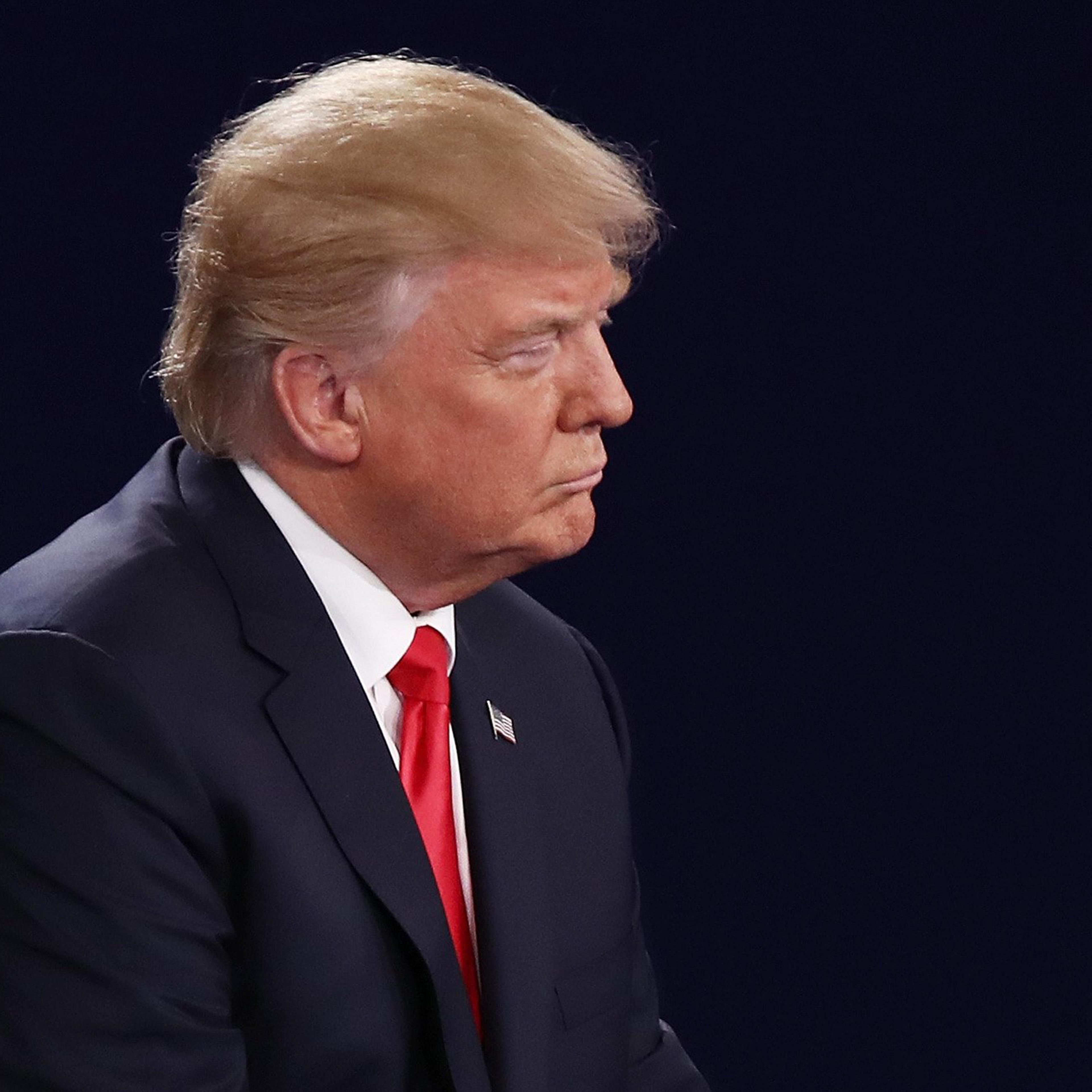 ST LOUIS, MO - OCTOBER 09: Republican presidential nominee Donald Trump sits on stage during the town hall debate at Washington University on October 9, 2016 in St Louis, Missouri. This is the second of three presidential debates scheduled prior to the N