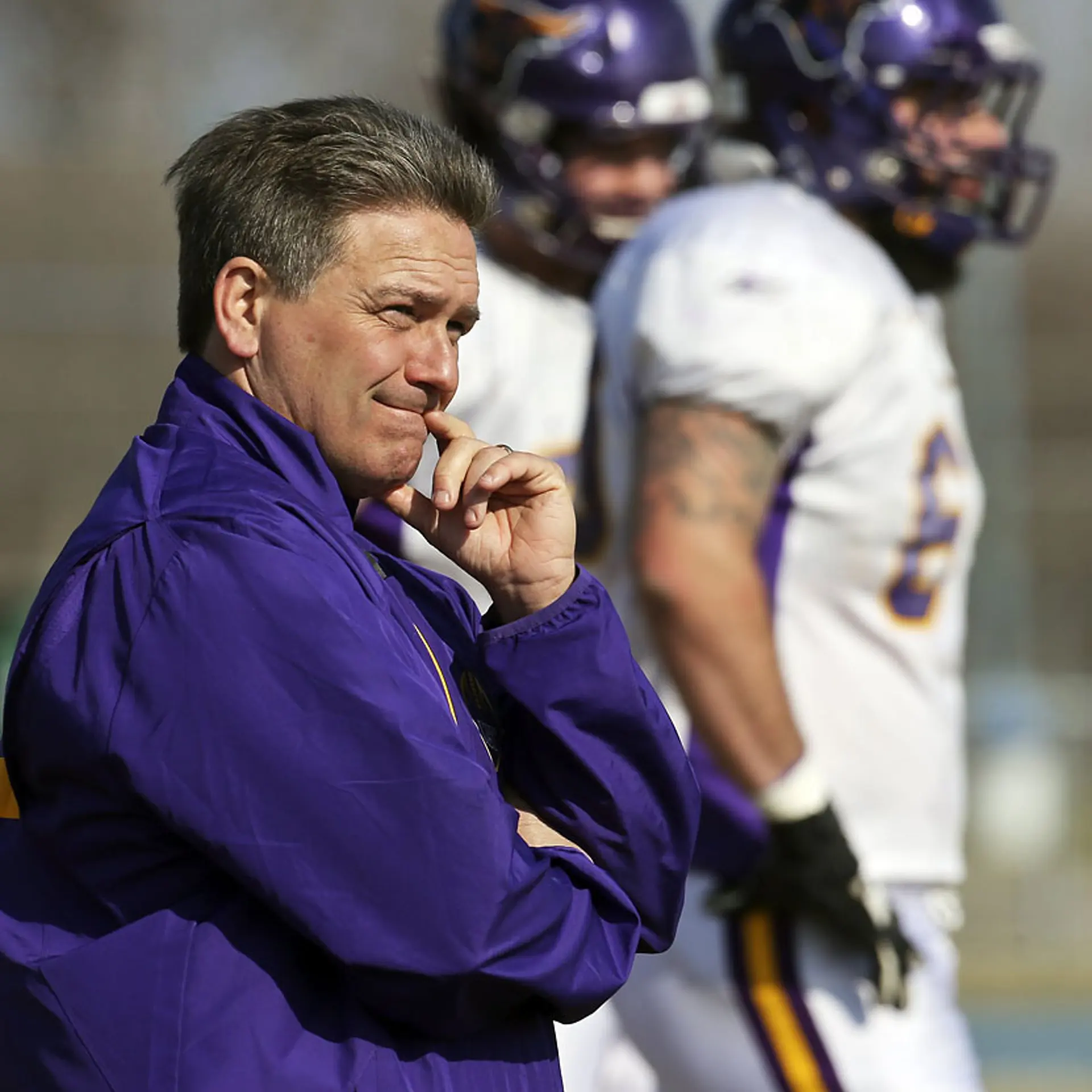 Minnesota State–Mankato football coach Todd Hoffner mostly observed practice and did not take an active role, April 18, 2014, in Mankato, MN.