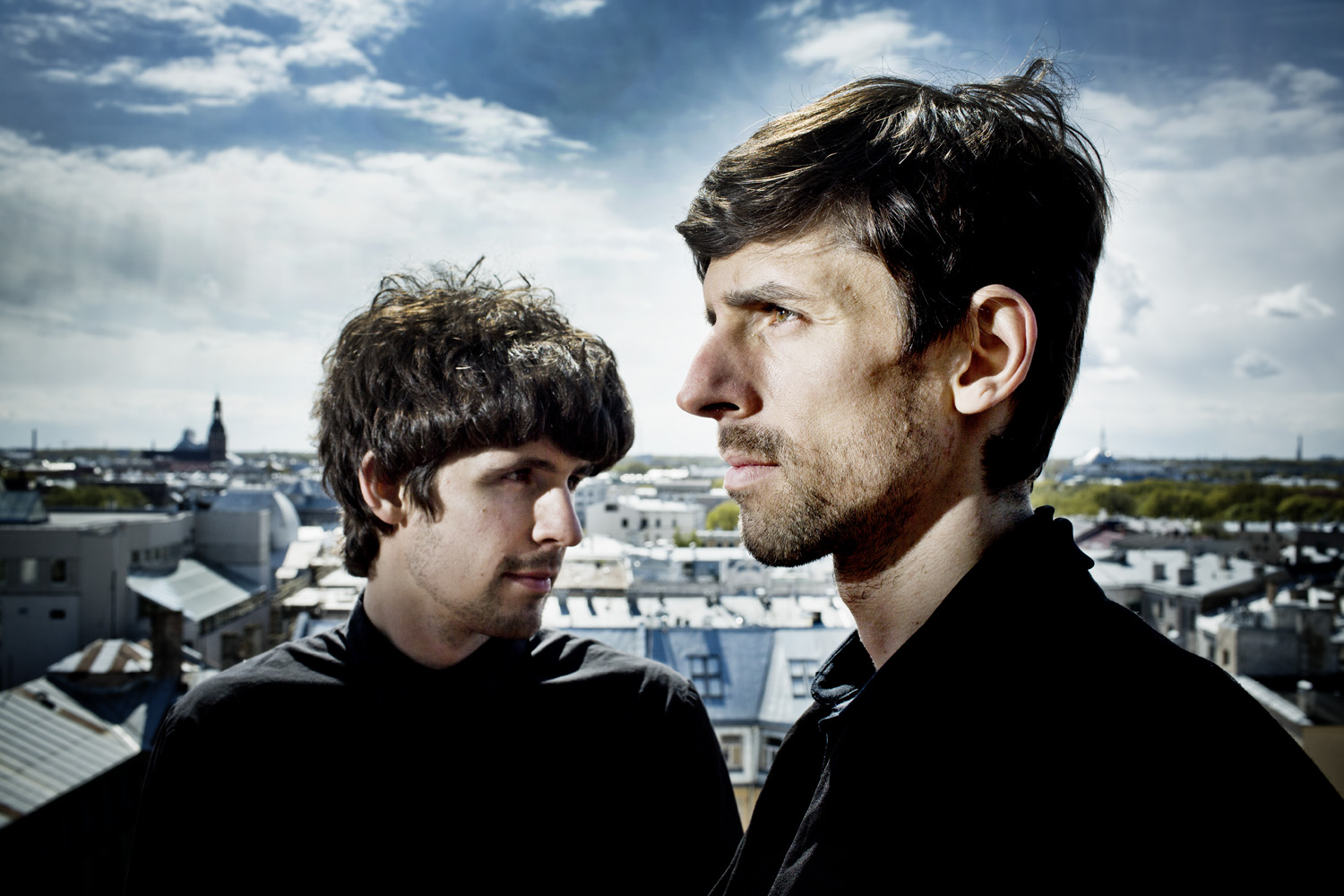 Ask.fm founders and brothers Ilya Terebin and Mark Terebin photographed at the Hotel Alberts top floor terrace and rooftop bar in Riga, Latvia, overlooking the city, May 2014.