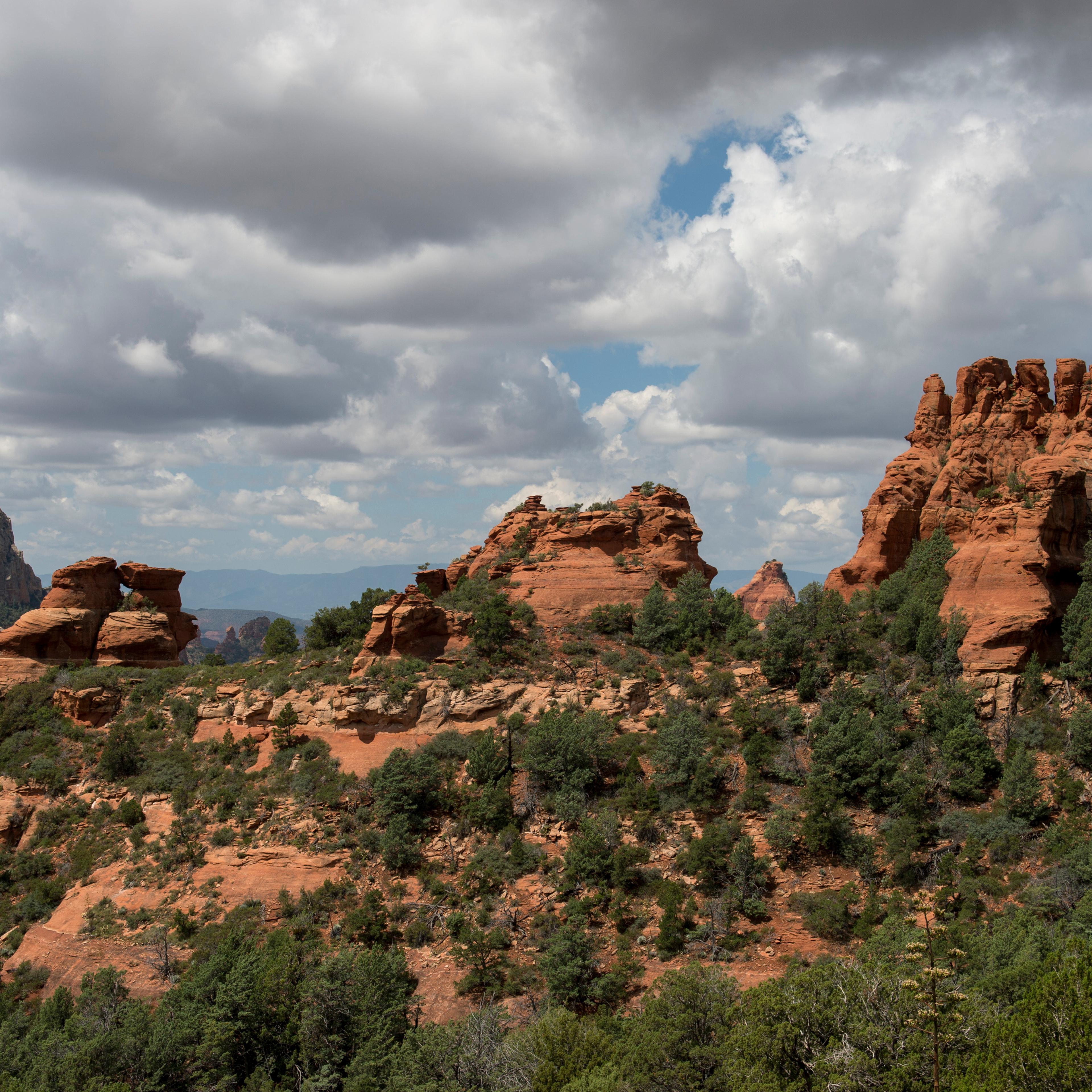 View of the red rock formations from Schnebly Hill Road near Sedona, Arizona, USA.