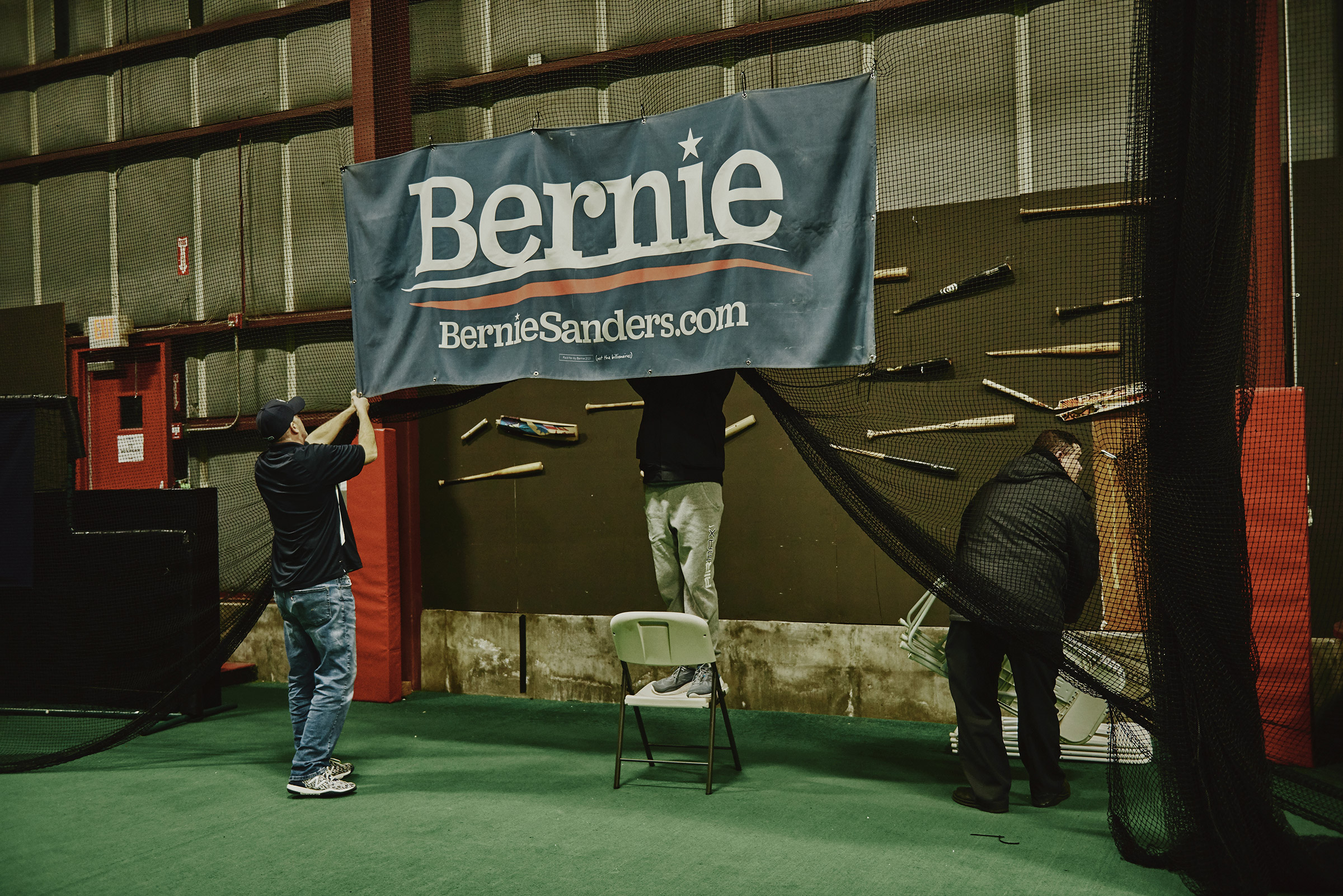Workers clean up after the Bernie Sanders 2020 Debate Watch Party