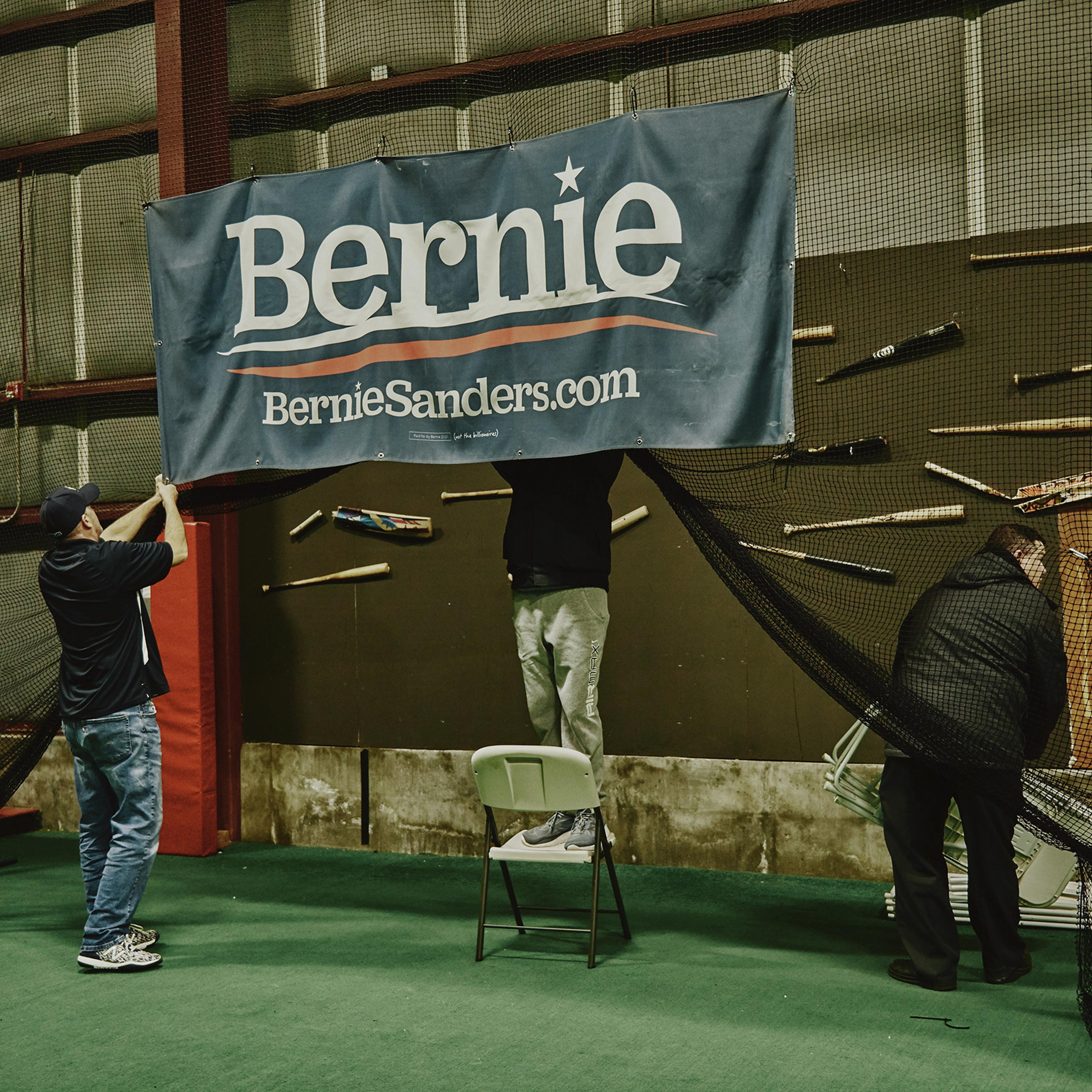 Workers clean up after the Bernie Sanders 2020 Debate Watch Party