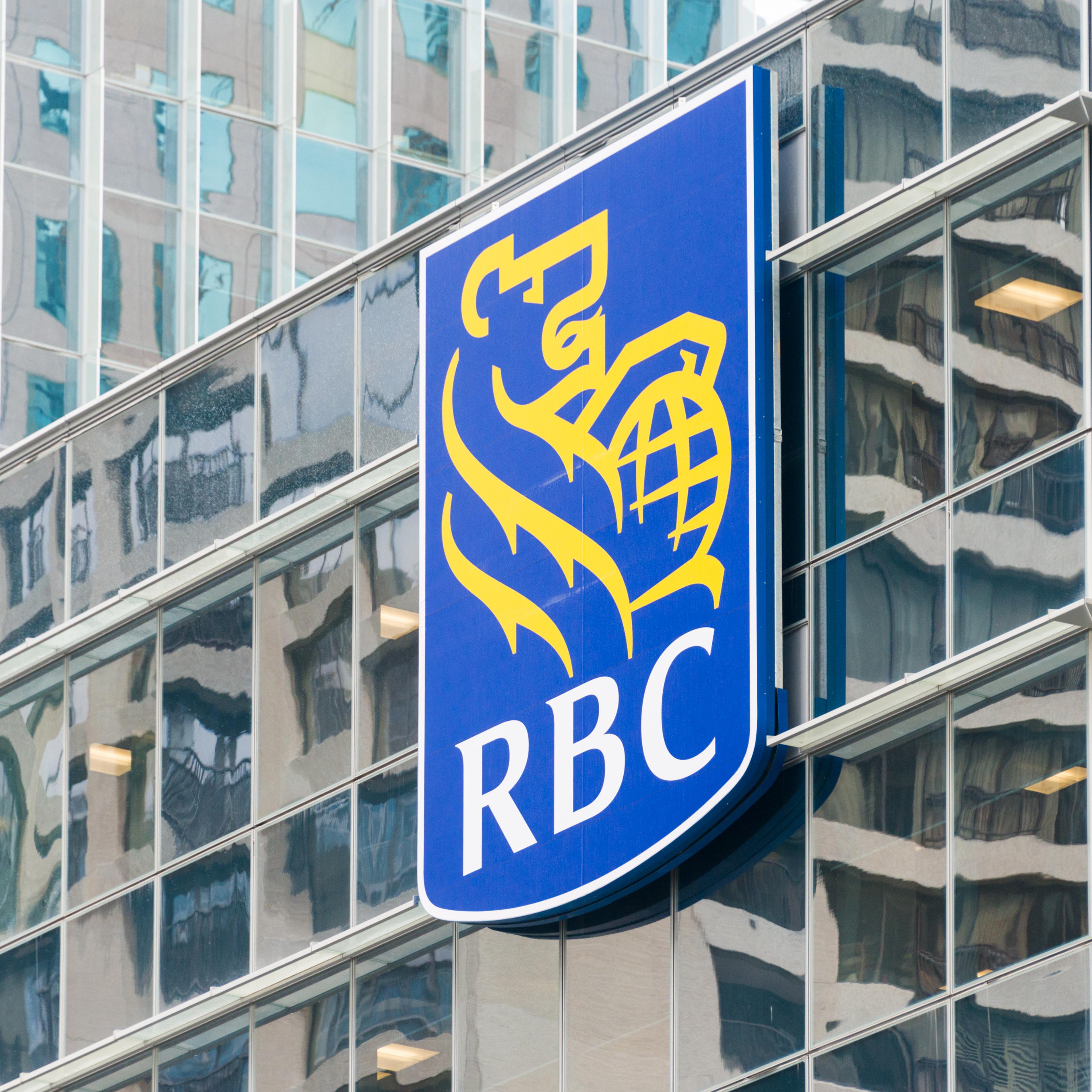 The symbol RBC on the glass facade of a building. The Royal
