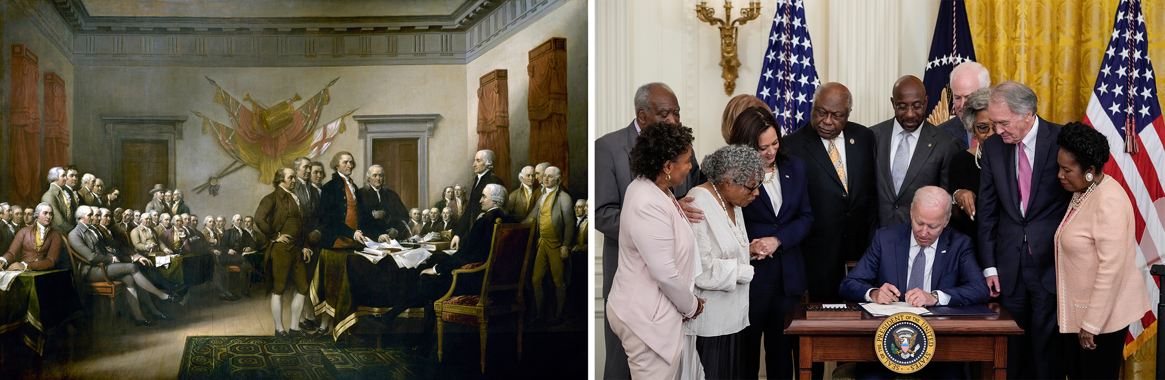 Left: John Trumbull's painting, "Declaration of Independence," depicting the five-man drafting committee of the Declaration of Independence presenting their work to the Congress. Right: U.S. President Joe Biden signs the Juneteenth National Independence Day Act into law in the East Room of the White House on June 17, 2021.