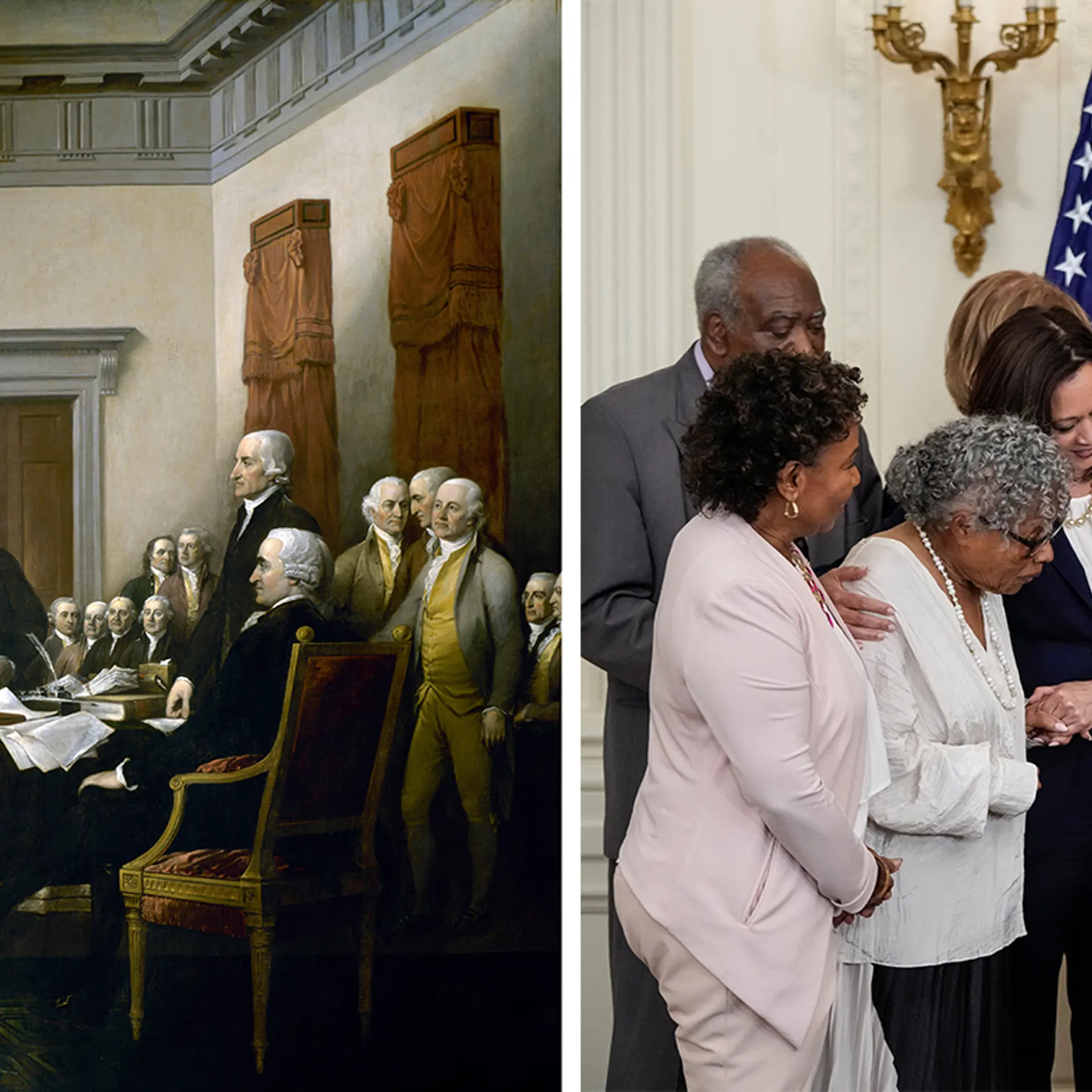 Left: John Trumbull's painting, "Declaration of Independence," depicting the five-man drafting committee of the Declaration of Independence presenting their work to the Congress. Right: U.S. President Joe Biden signs the Juneteenth National Independence Day Act into law in the East Room of the White House on June 17, 2021.