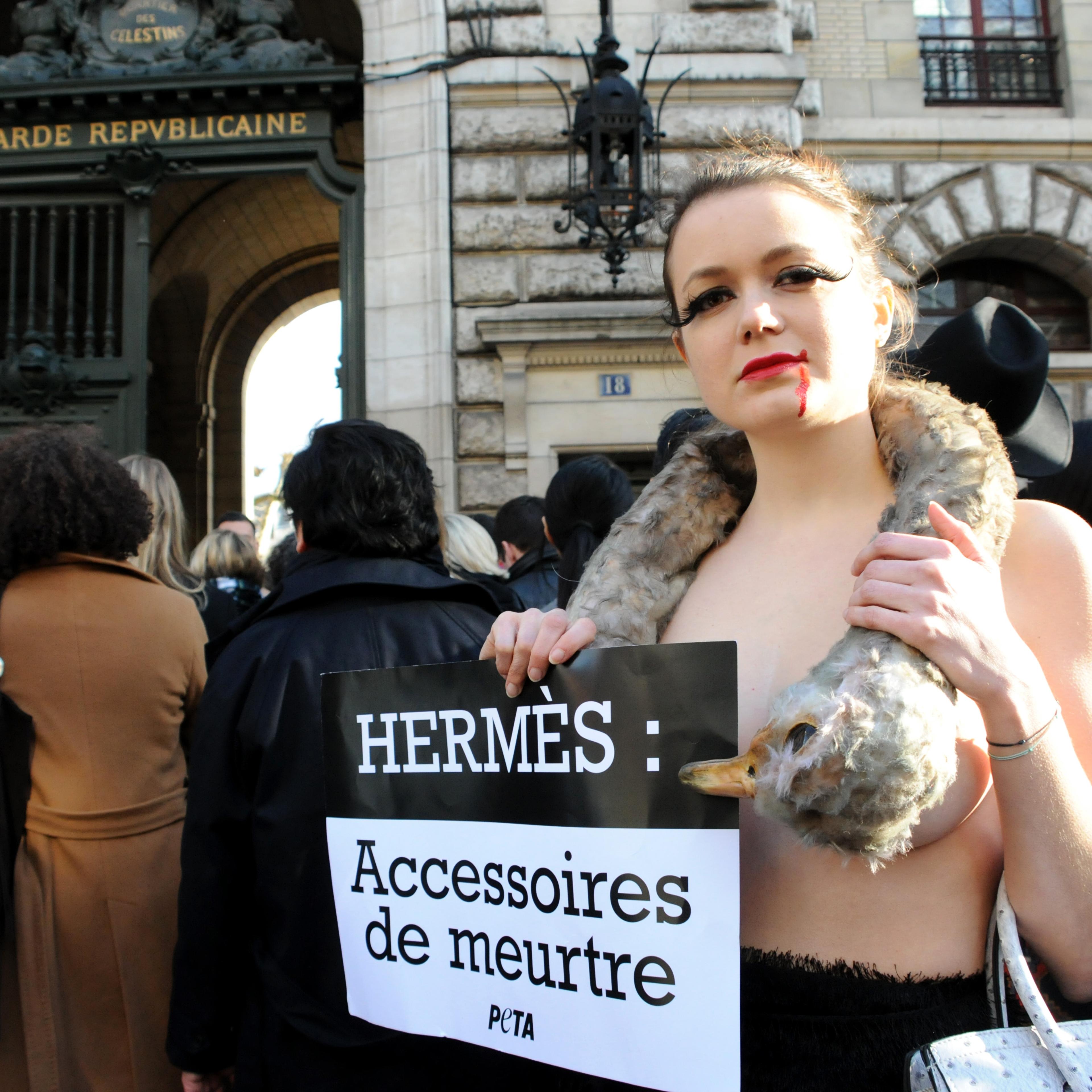 PETA Protest Against Use Of Ostrich Leather By Fashion House Hermes - Paris