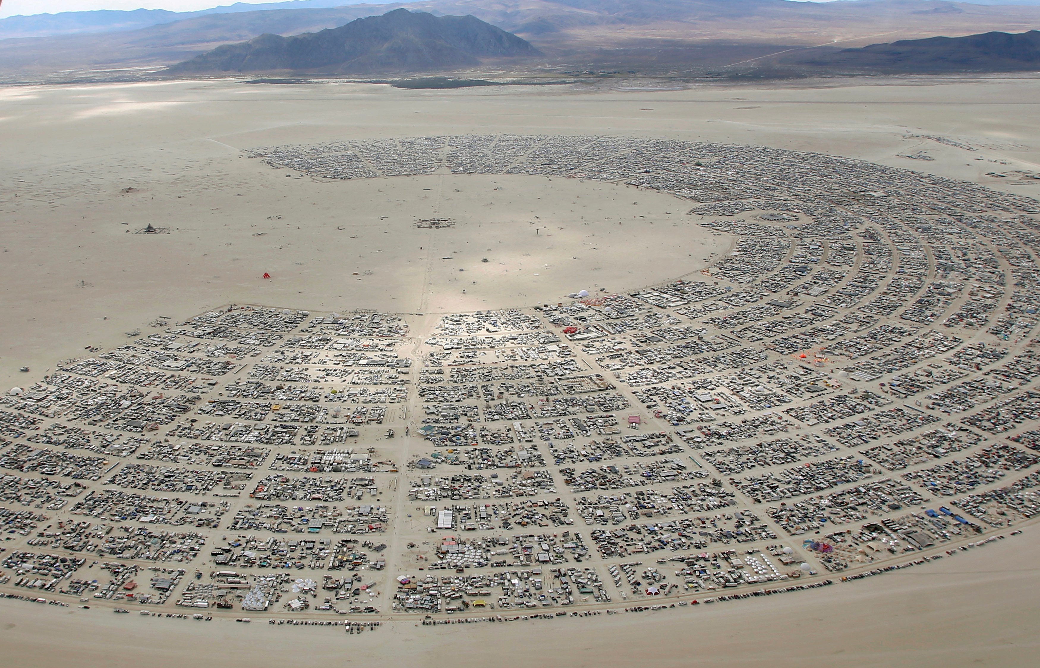 An aerial view of the annual Burning Man arts and music festival in the Black Rock Desert of Nevada, Aug. 31, 2016.