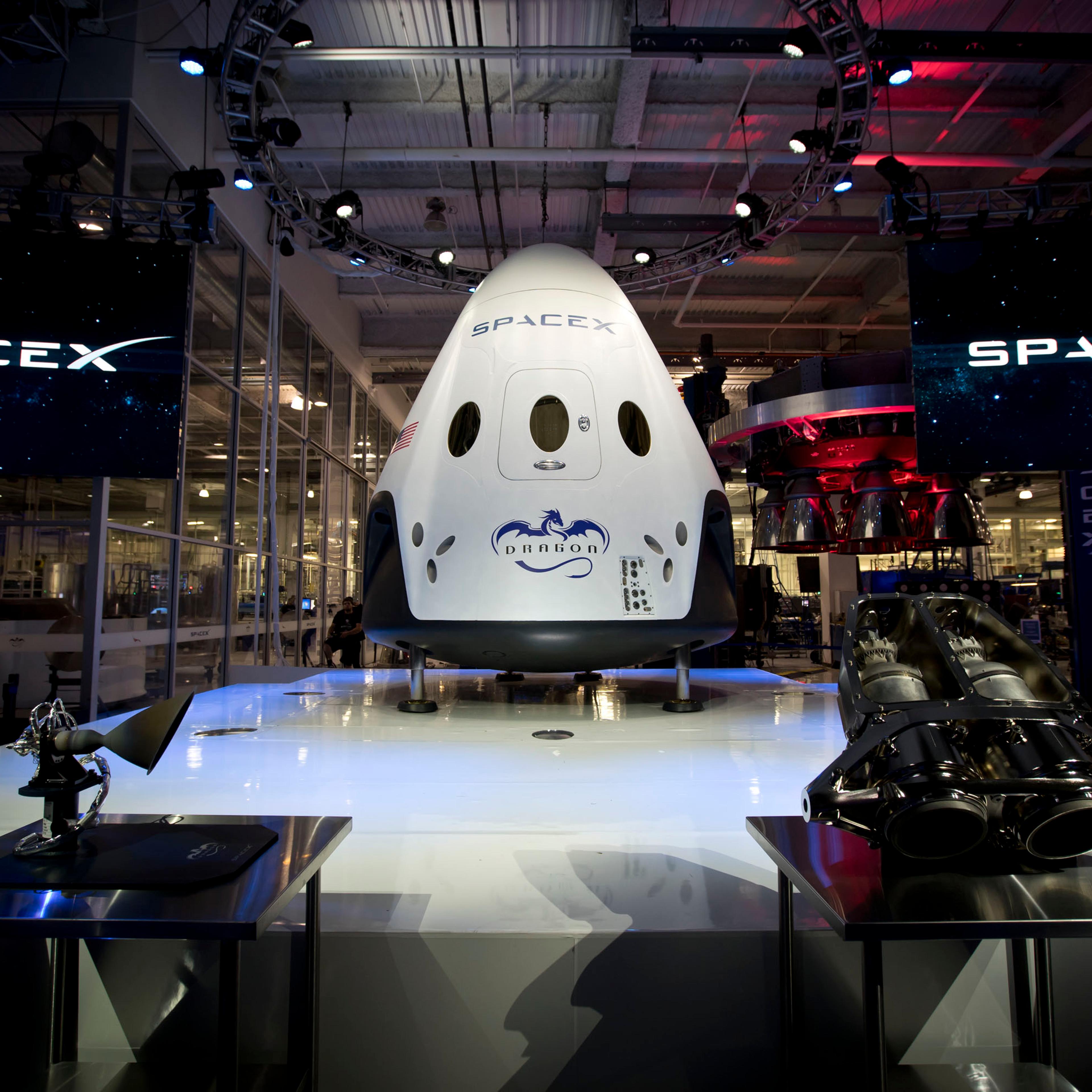 On May 29, 2014, SpaceX's CEO Elon Musk (not pictured) unveiled the company's first manned spacecraft, Dragon V2, at a press conference in Hawthorne, Calif., on May 29, 2014.