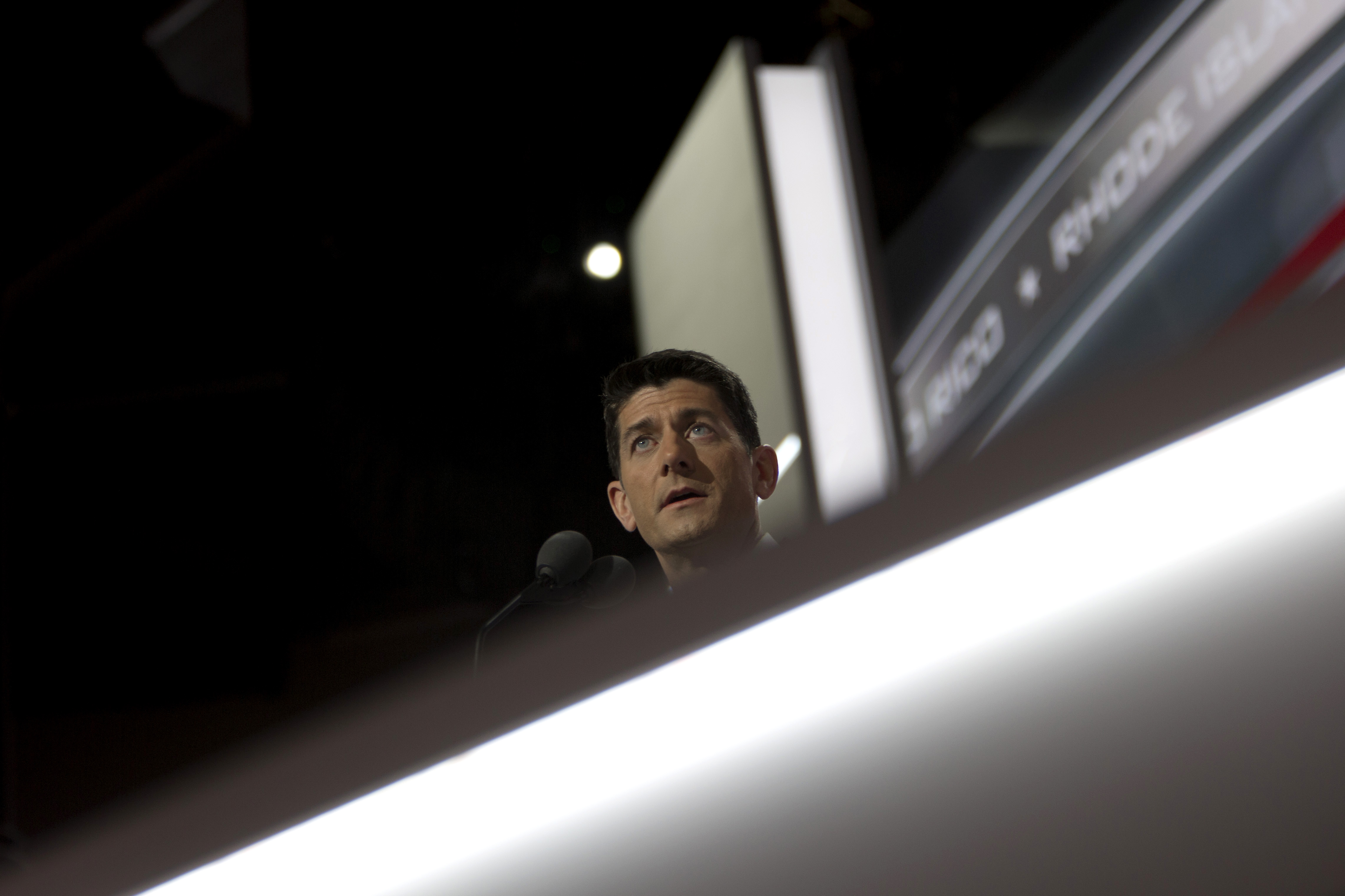 House Speaker Paul Ryan talks during the Republican National Convention in Cleveland on Tuesday, July 19, 2016.