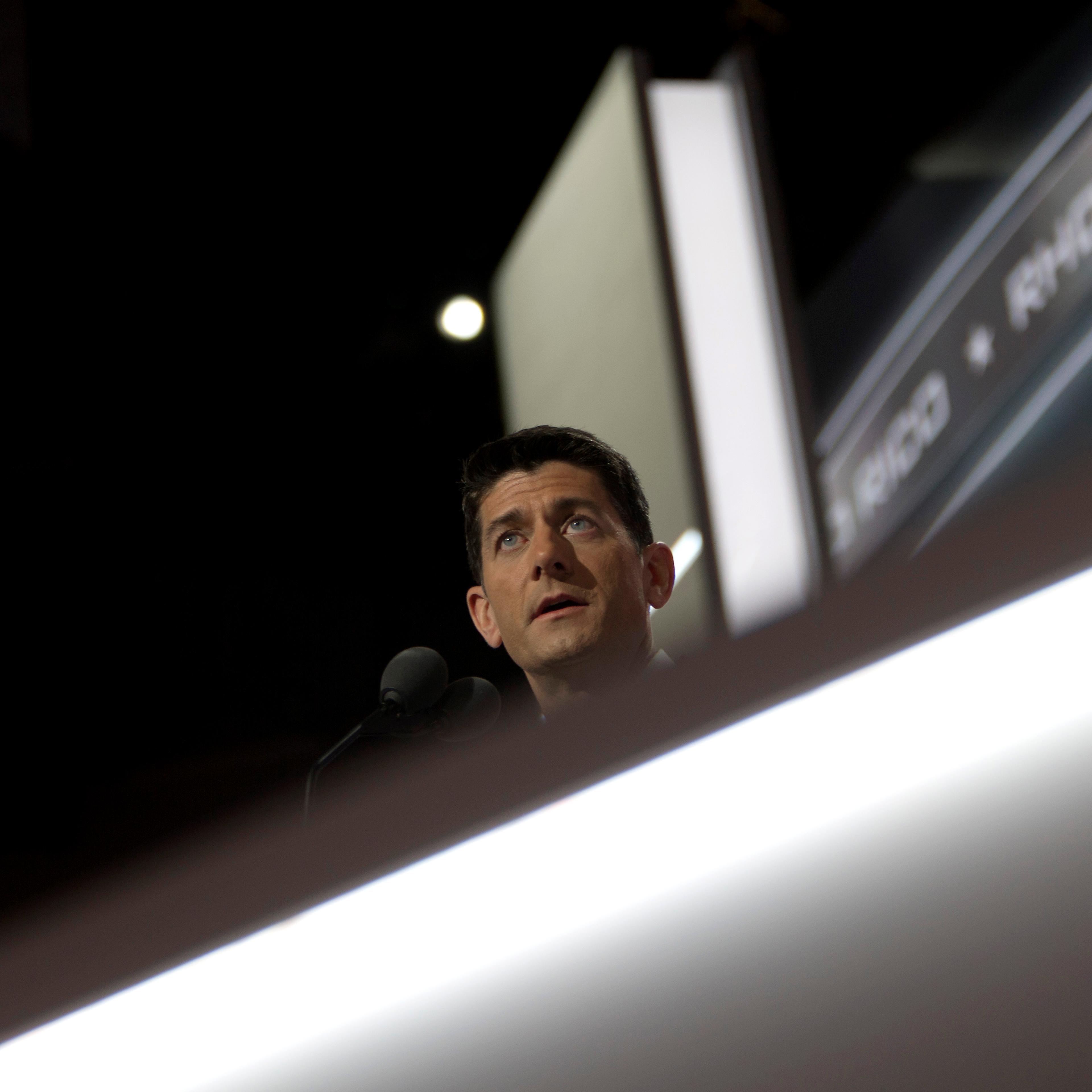 House Speaker Paul Ryan talks during the Republican National Convention in Cleveland on Tuesday, July 19, 2016.