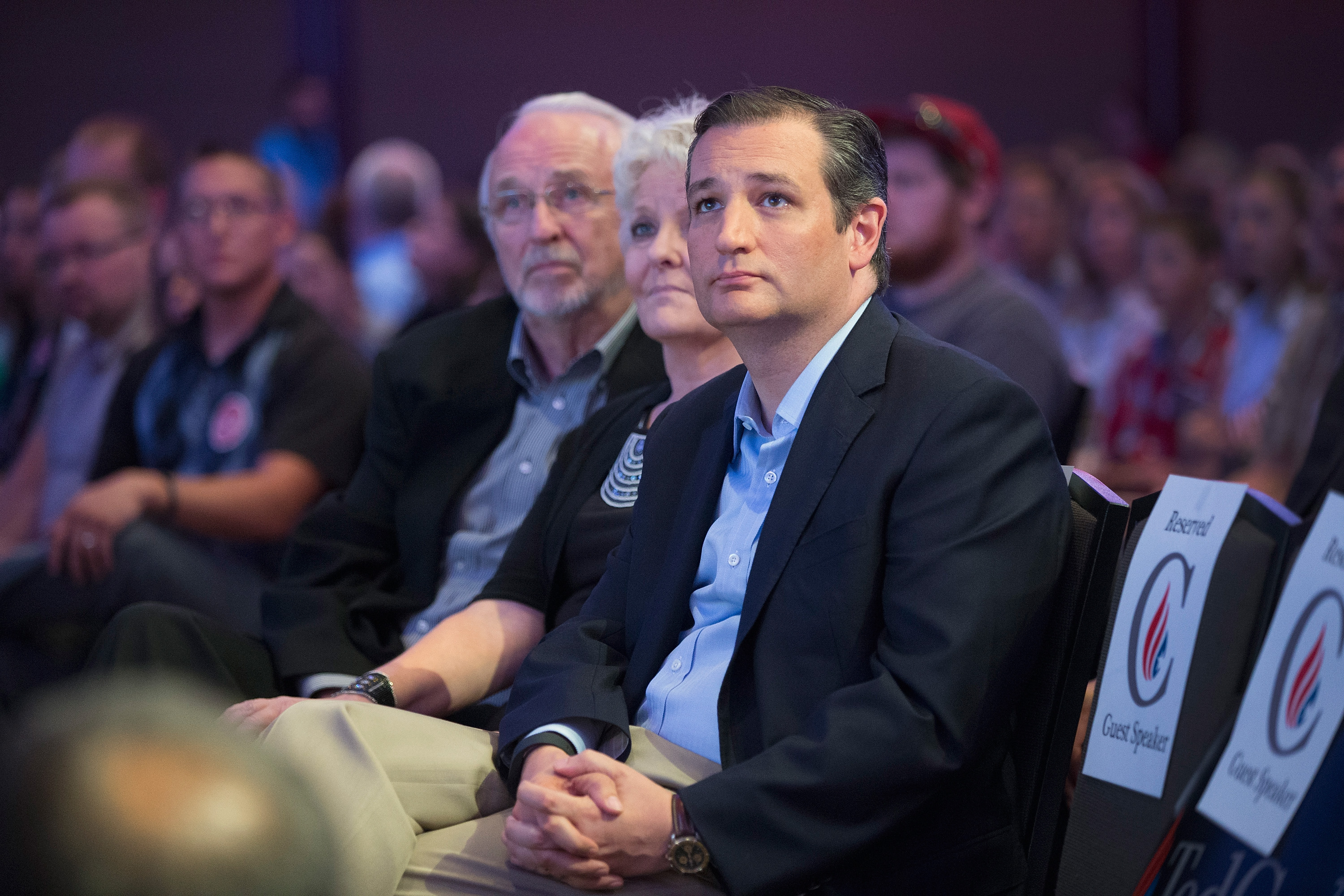 Republican presidential candidate Sen. Ted Cruz waits to be introduced at his Religious Liberty Rally in Des Moines, Iowa, on Aug. 21, 2015.