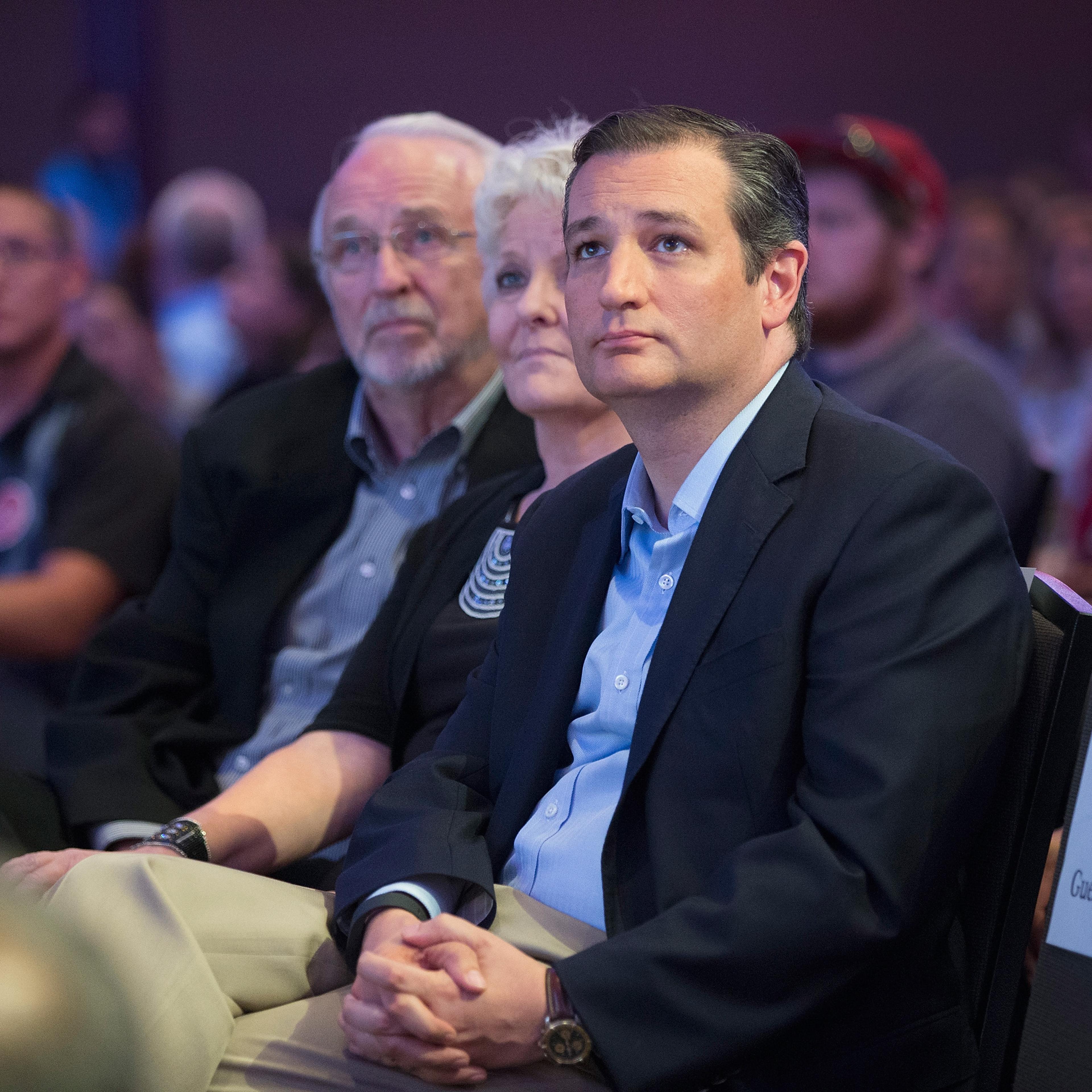 Republican presidential candidate Sen. Ted Cruz waits to be introduced at his Religious Liberty Rally in Des Moines, Iowa, on Aug. 21, 2015.