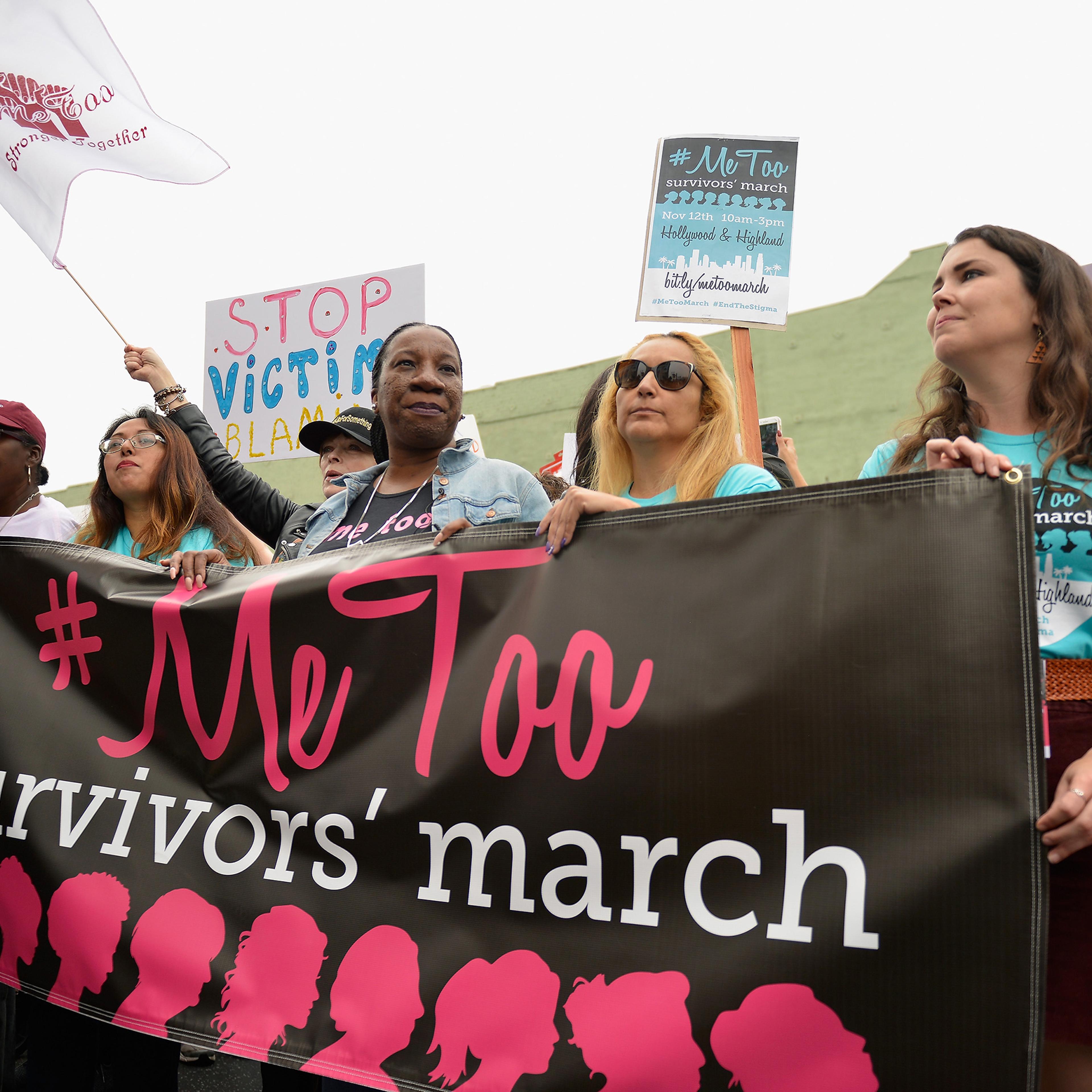 Tarana Burke, center, seen at Take Back The Workplace March And #MeToo Survivors March & Rally on Nov. 12, 2017 in Hollywood, Calif.