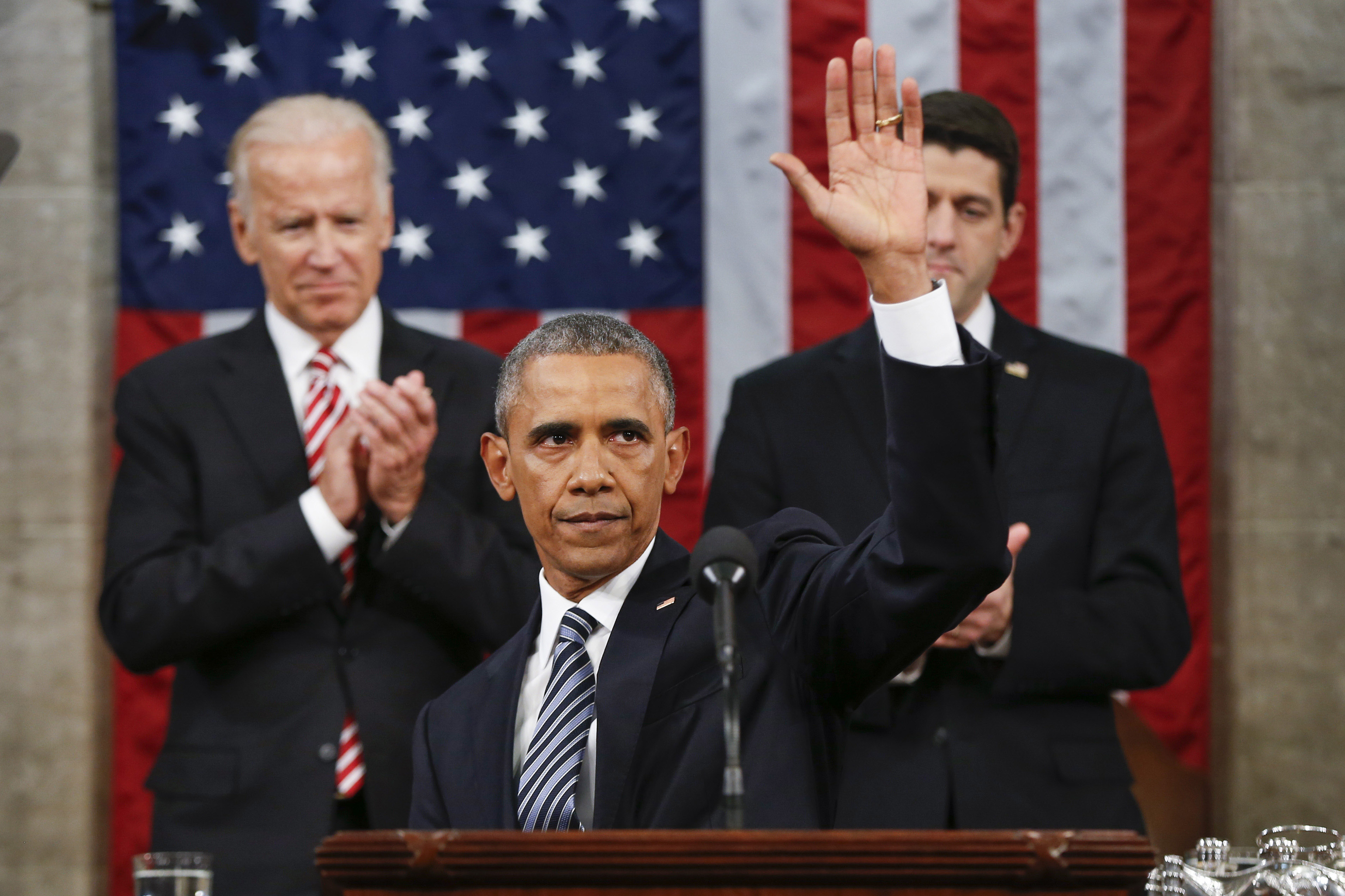 WASHINGTON, DC - JANUARY 12:  President Barack Obama waves at the conclusion of his State of the Union address to a joint session of Congress on Capitol Hill January 12, 2016 in Washington, D.C.  In his final State of the Union, President Obama reflected