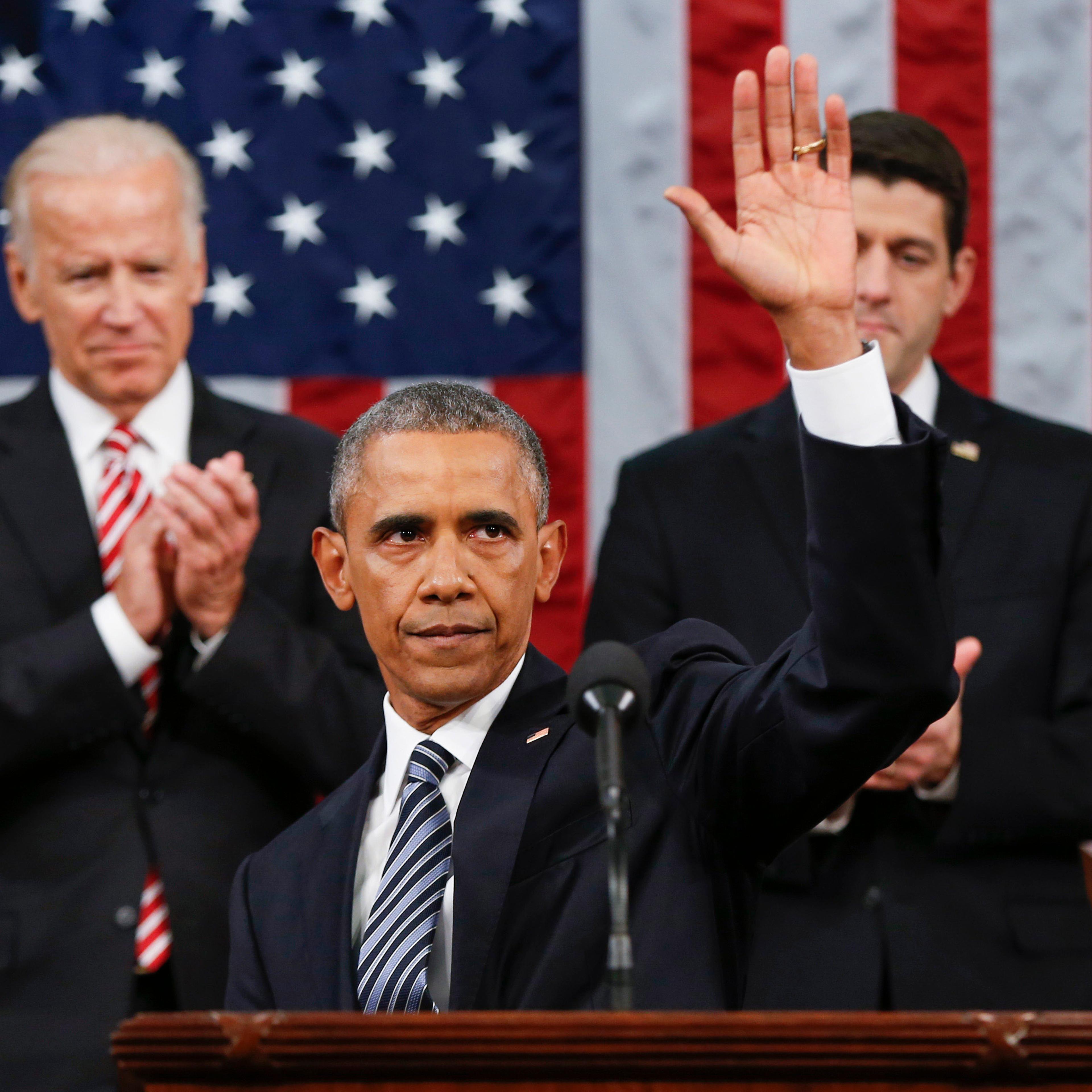 WASHINGTON, DC - JANUARY 12: President Barack Obama waves at the conclusion of his State of the Union address to a joint session of Congress on Capitol Hill January 12, 2016 in Washington, D.C. In his final State of the Union, President Obama reflected