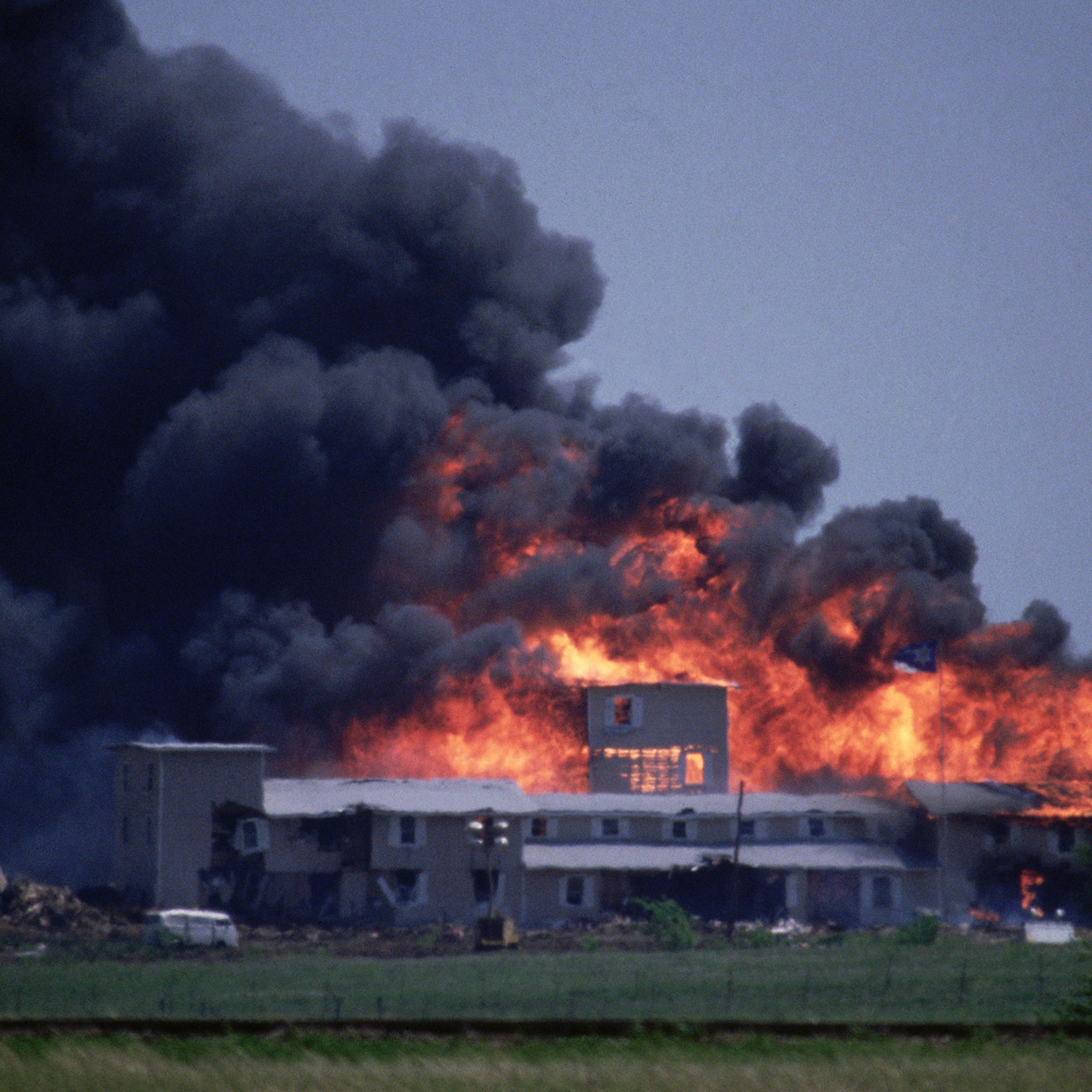 The Branch Davidians' Mount Carmel compound outside of Waco, Texas, burns to the ground during the 1993 raid by the ATF.