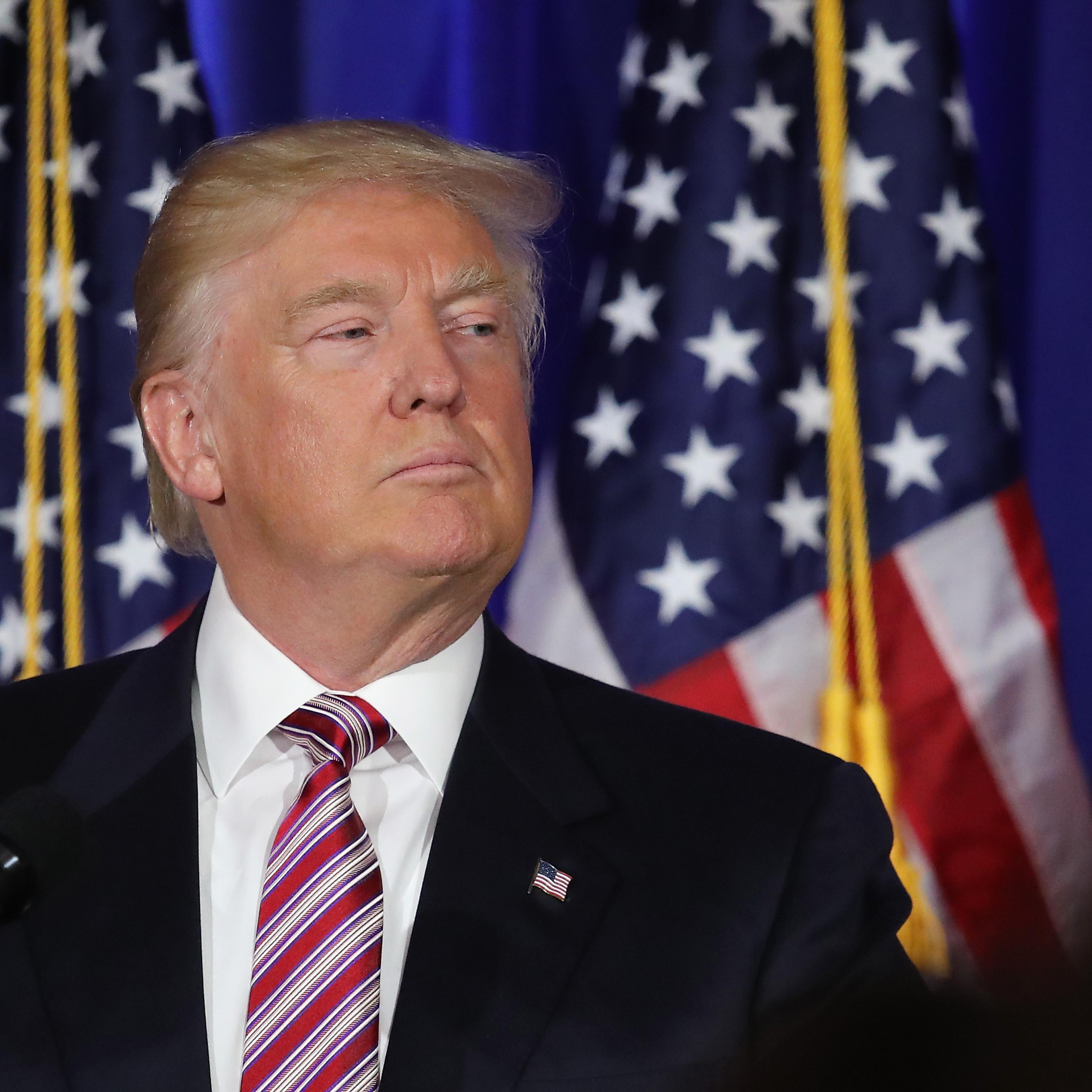 U.S. Republican Presidential candidate Donald Trump addresses supporters and the media following primary elections on June 7, 2016 in Briarcliff Manor, New York.