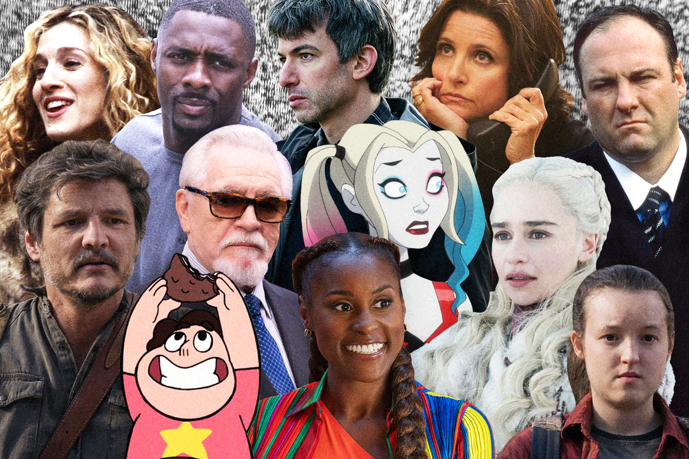 A collage of cut outs of different characters from popular HBO shows