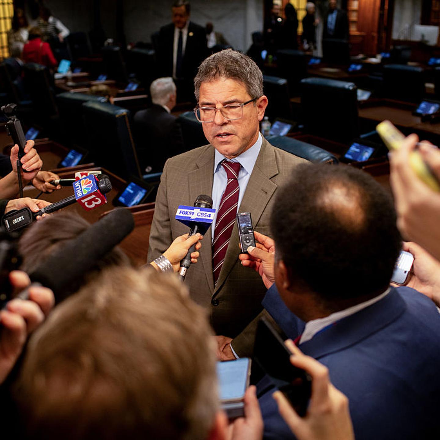 State Senator Rodric Bray, a Republican from Indiana, speaks to members of the media at the Indiana Statehouse in Indianapolis, Indiana, U.S., on Monday, Dec. 8, 2025.