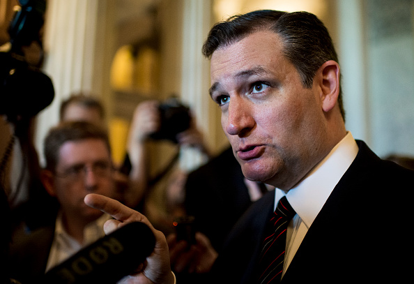 Sen. Ted Cruz, R-Texas, speaks with reporters as he emerges from the Senate chamber following a series or rare Sunday votes on July 26, 2015.