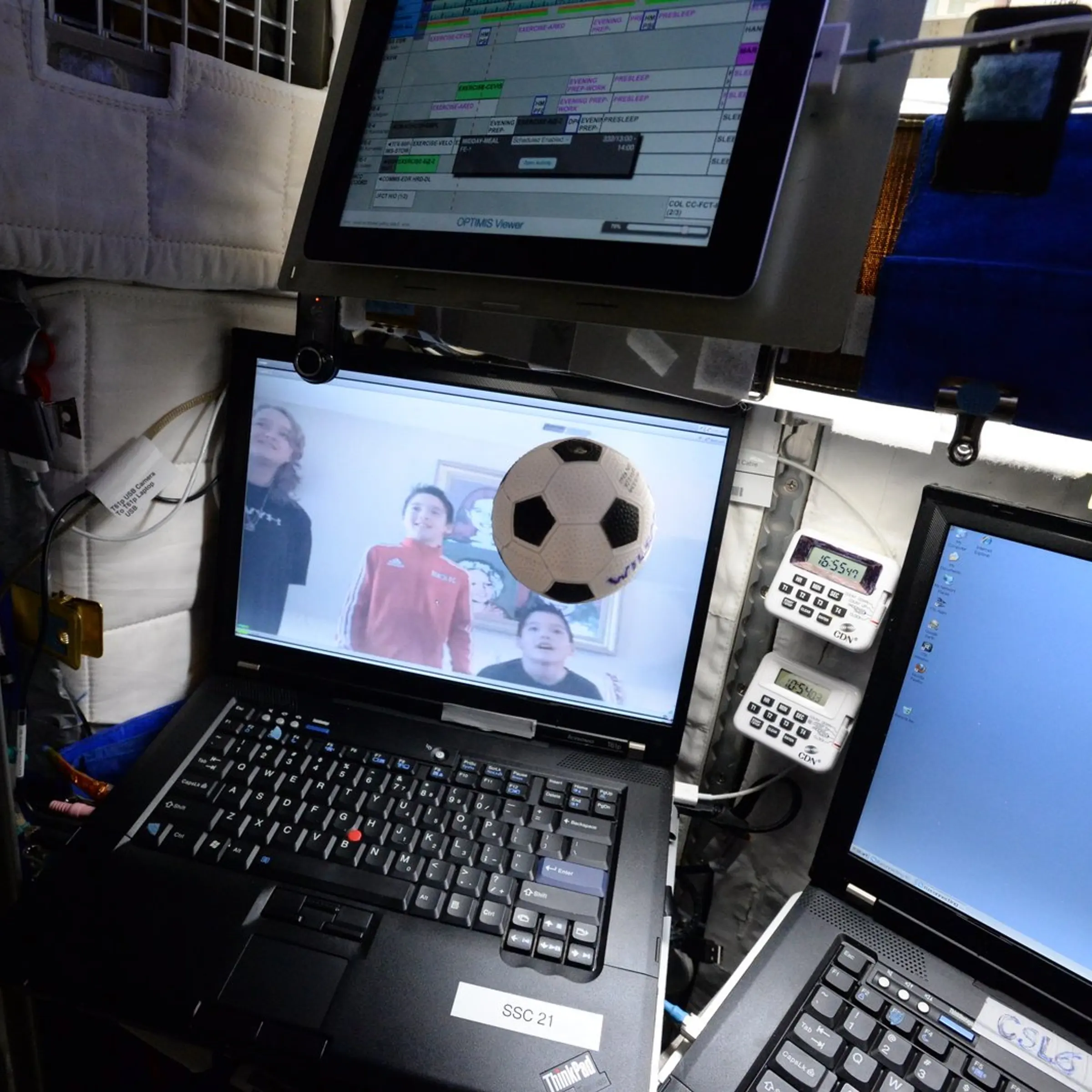 A soccer ball floats in weightlessness inside Astronaut Scott Kelly's crew quarters during a family video conference aboard the International Space Station in November.