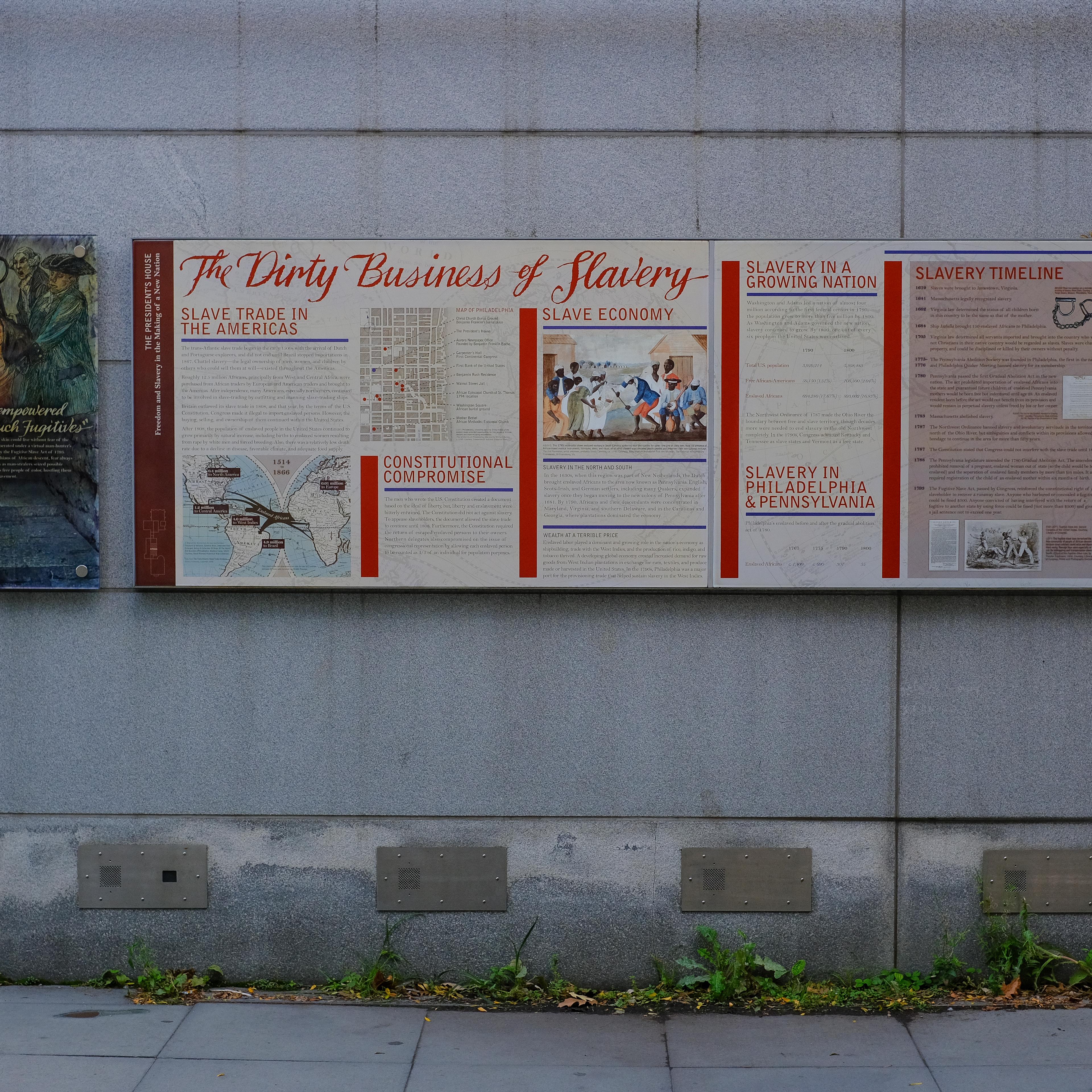 An exhibit about slavery outside Independence National Historical Park in Philadelphia, shown here in Oct. 2025, was removed by the National Park Service on Jan. 22, 2025.