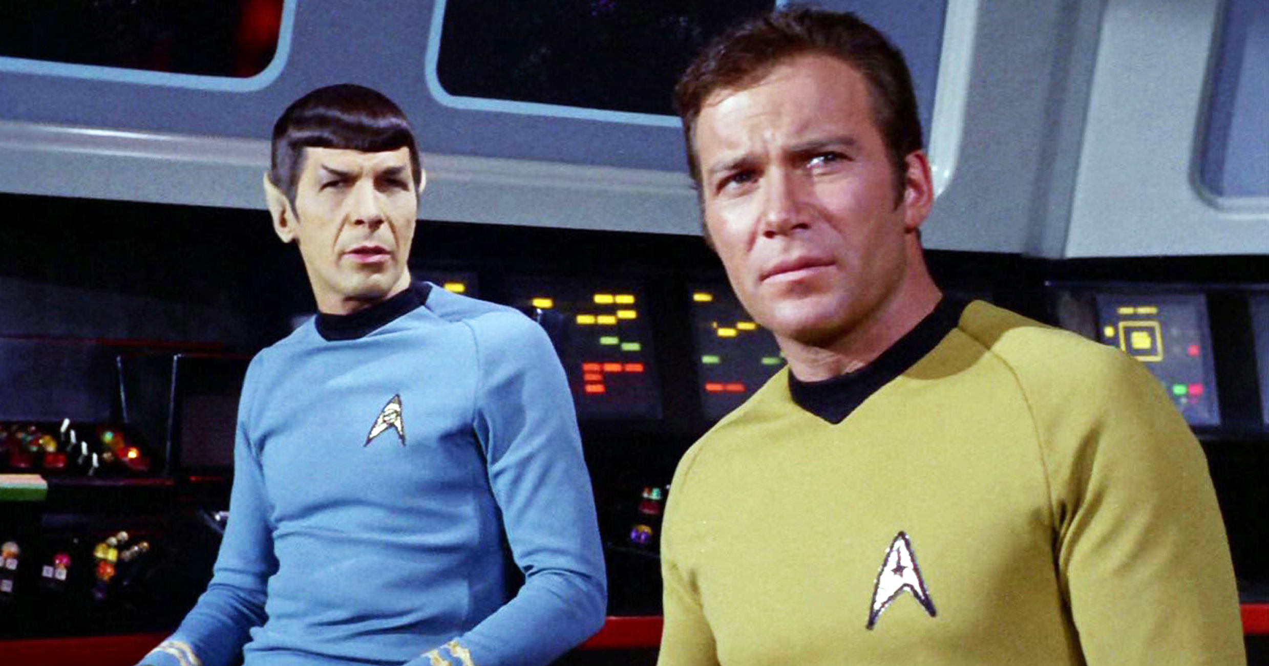 Leonard Nimoy as Mr. Spock and William Shatner as Captain James T. Kirk in Star Trek.