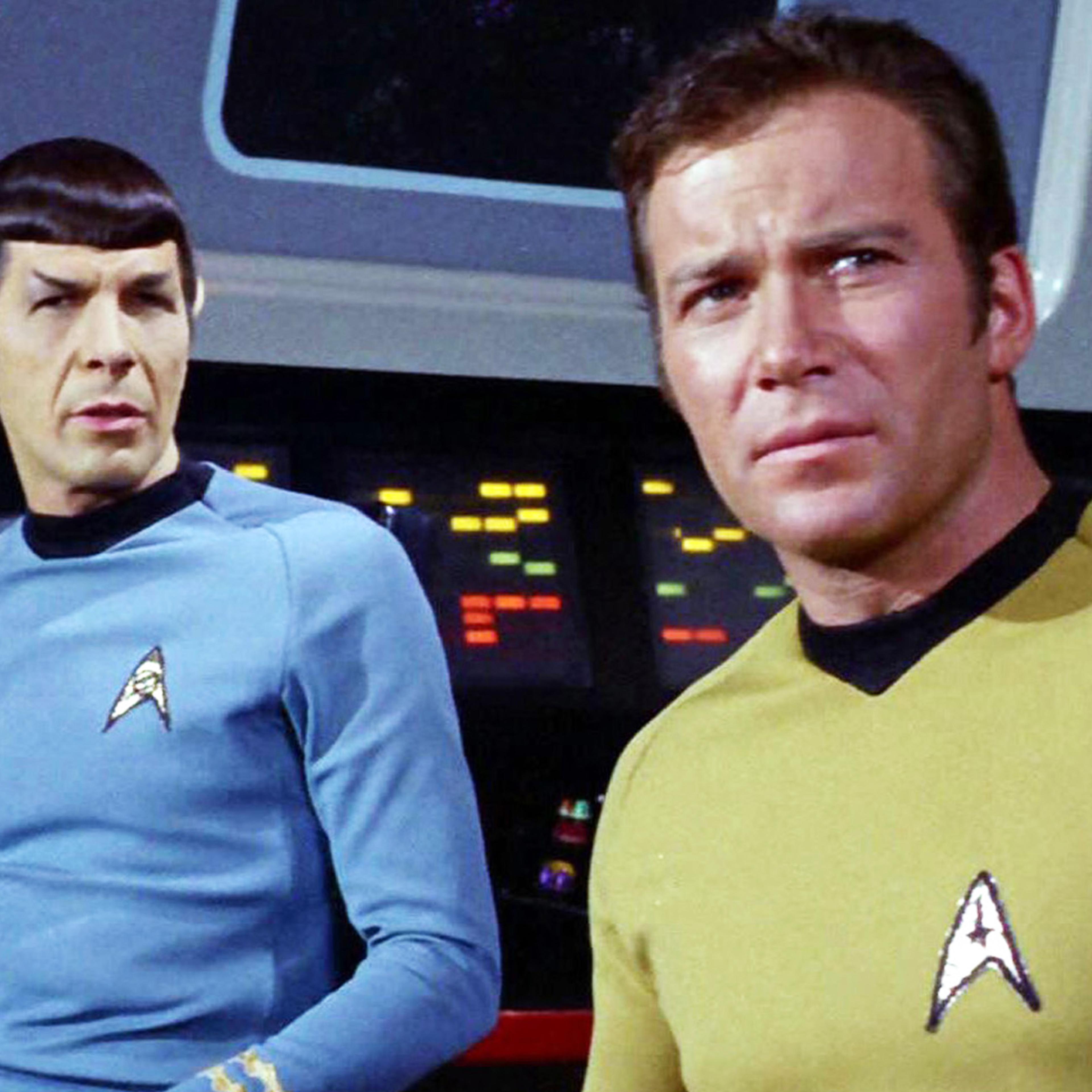 Leonard Nimoy as Mr. Spock and William Shatner as Captain James T. Kirk in Star Trek.