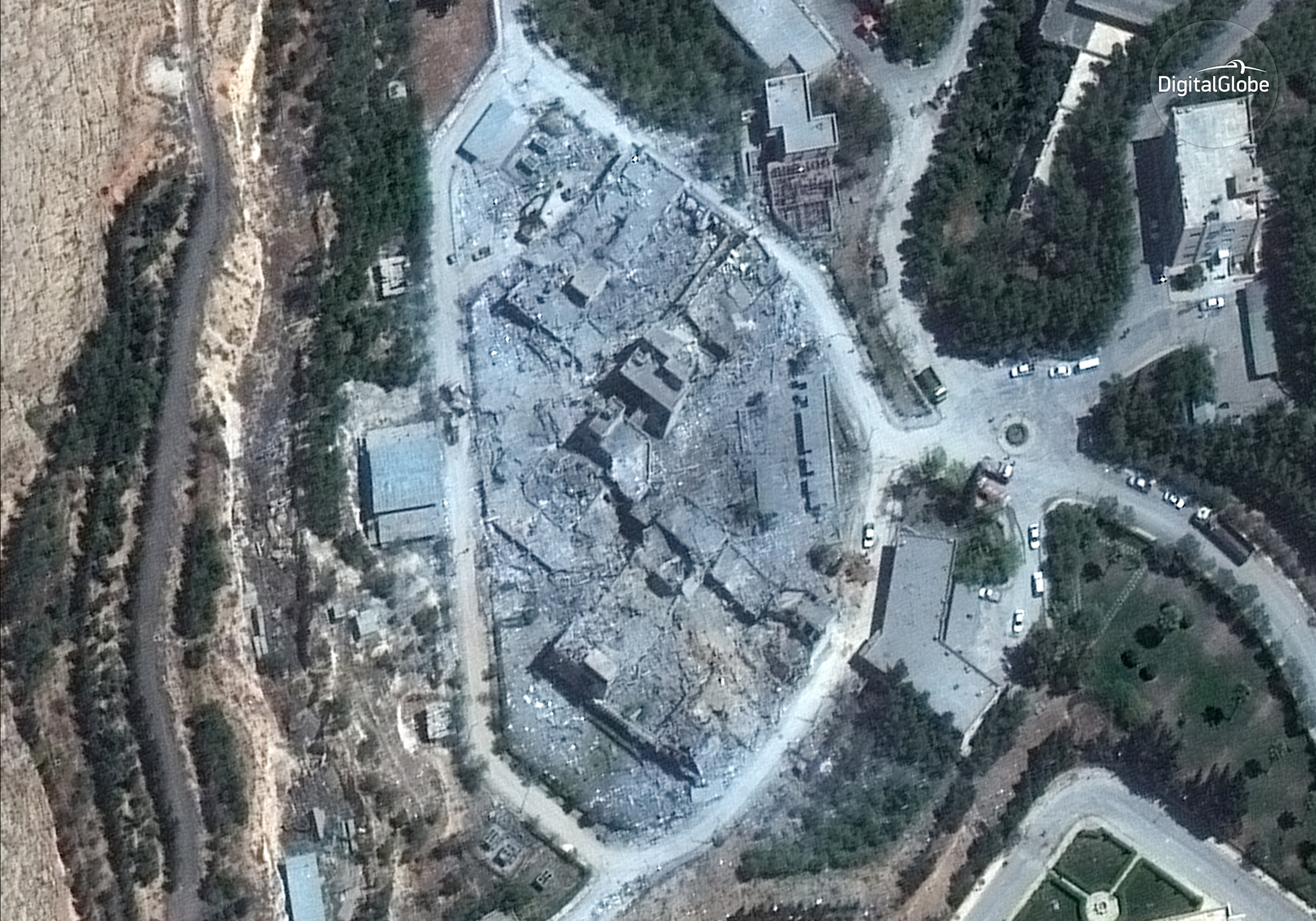 This satellite image, taken Monday morning, shows the Barzah Research and Development Center in Damascus after it was struck by coalition forces on Friday. 
