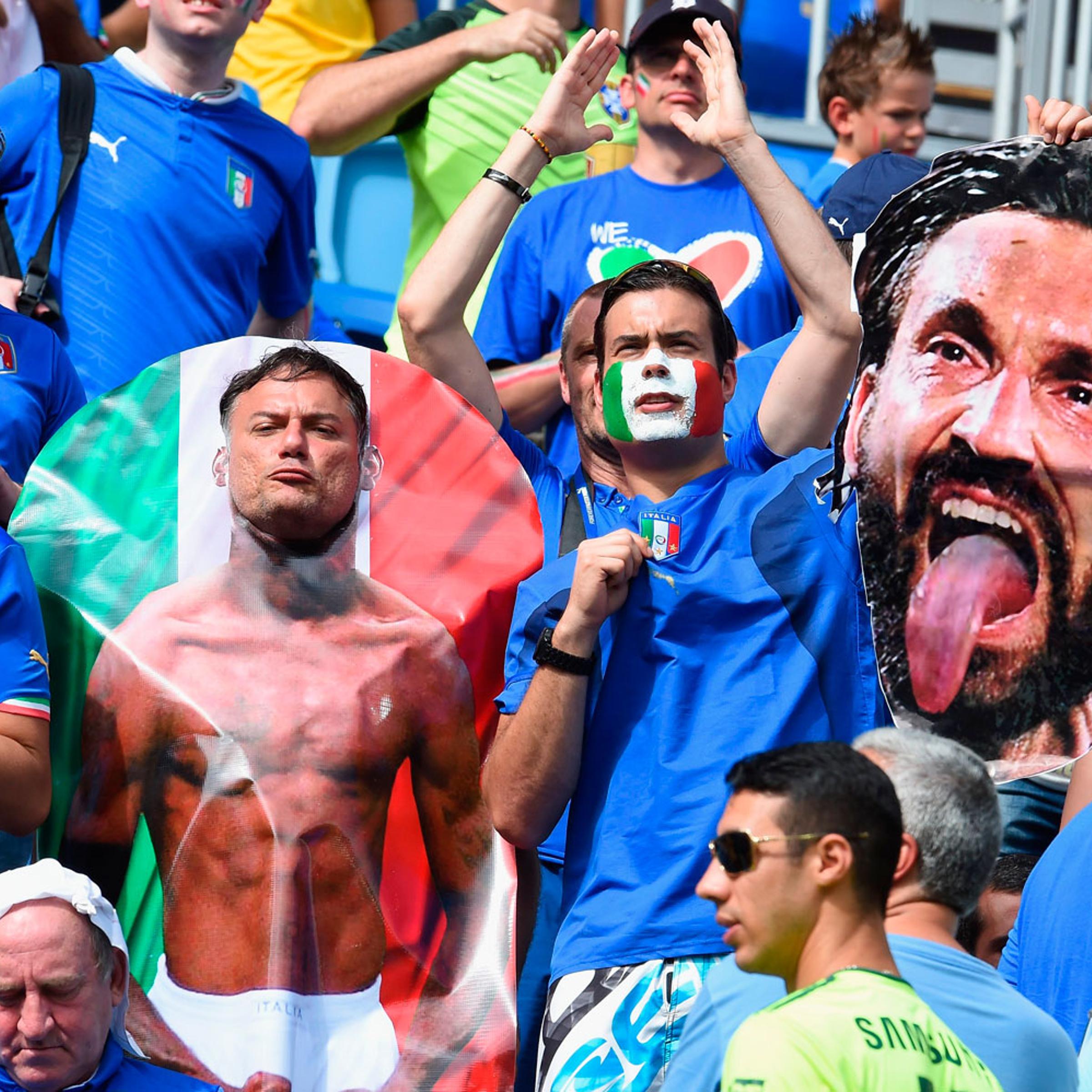 Italy fans hold a cutout of Andrea Pirlo during the match between Italy and Uruguay at Estadio das Dunas on June 24, 2014 in Natal, Brazil.