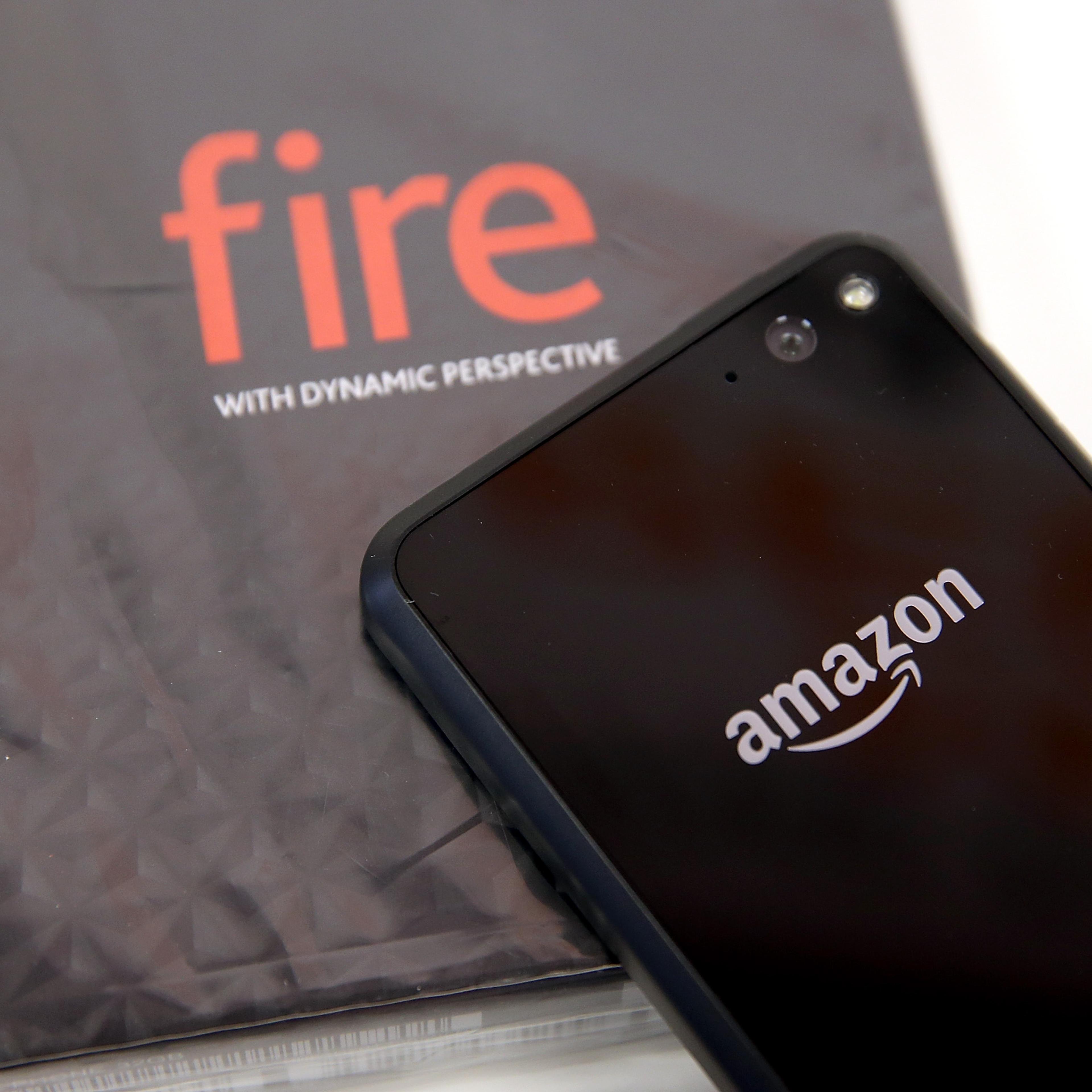 The Amazon Fire phone is displayed at an AT&T store on July 25, 2014 in San Francisco, California.