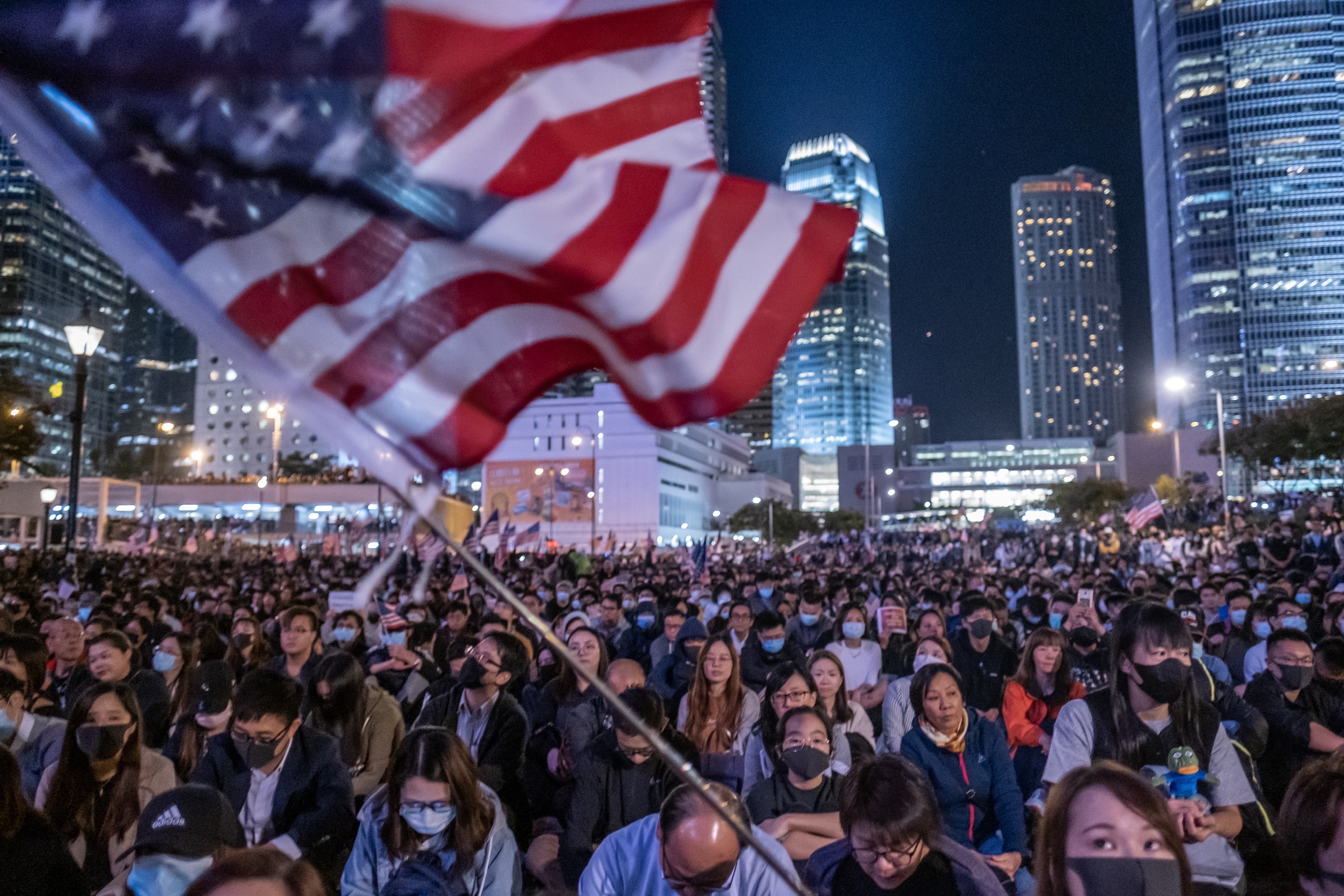 Hong Kong Protesters Attend Thanksgiving Day Assembly for Hong Kong Human Rights and Democracy Act