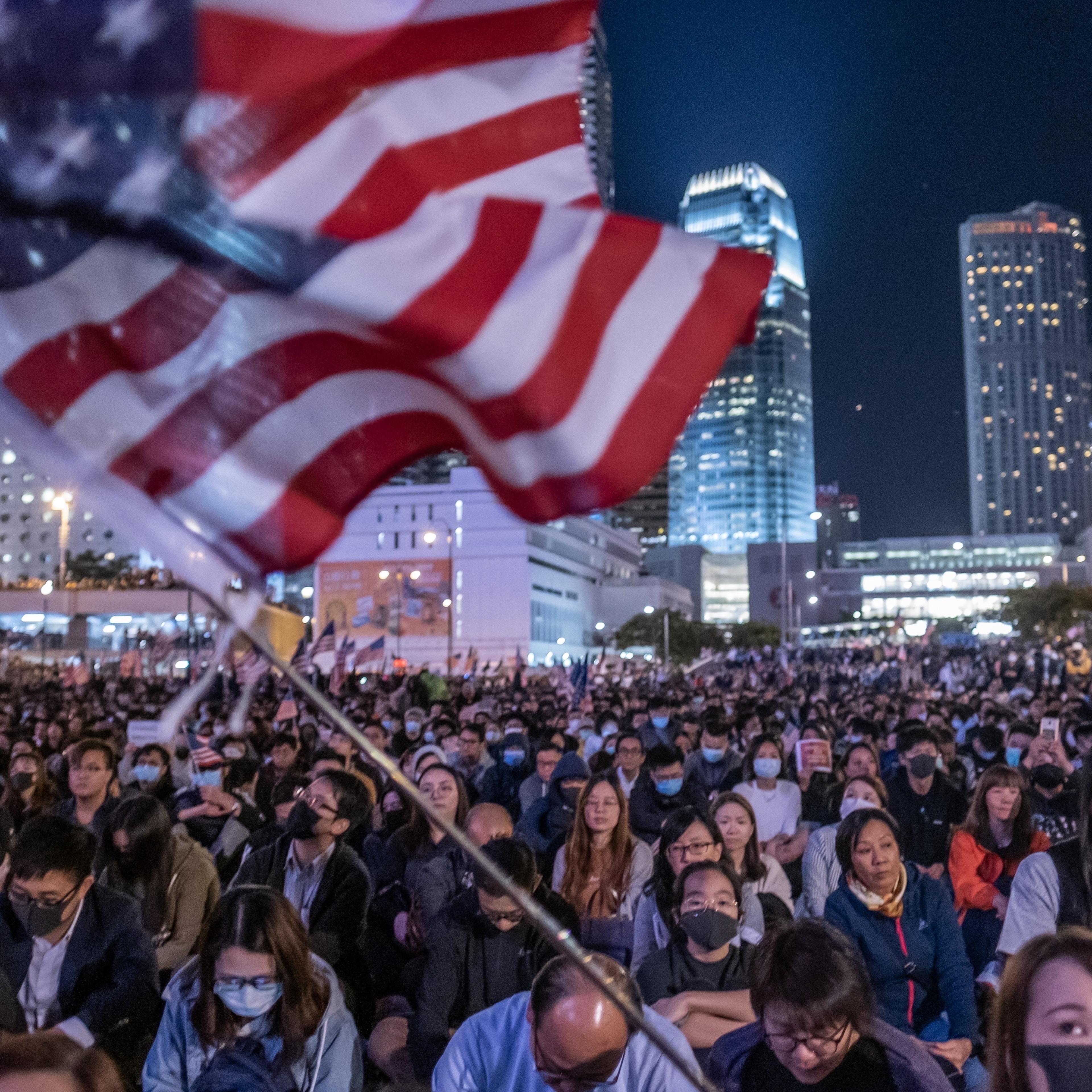 Hong Kong Protesters Attend Thanksgiving Day Assembly for Hong Kong Human Rights and Democracy Act