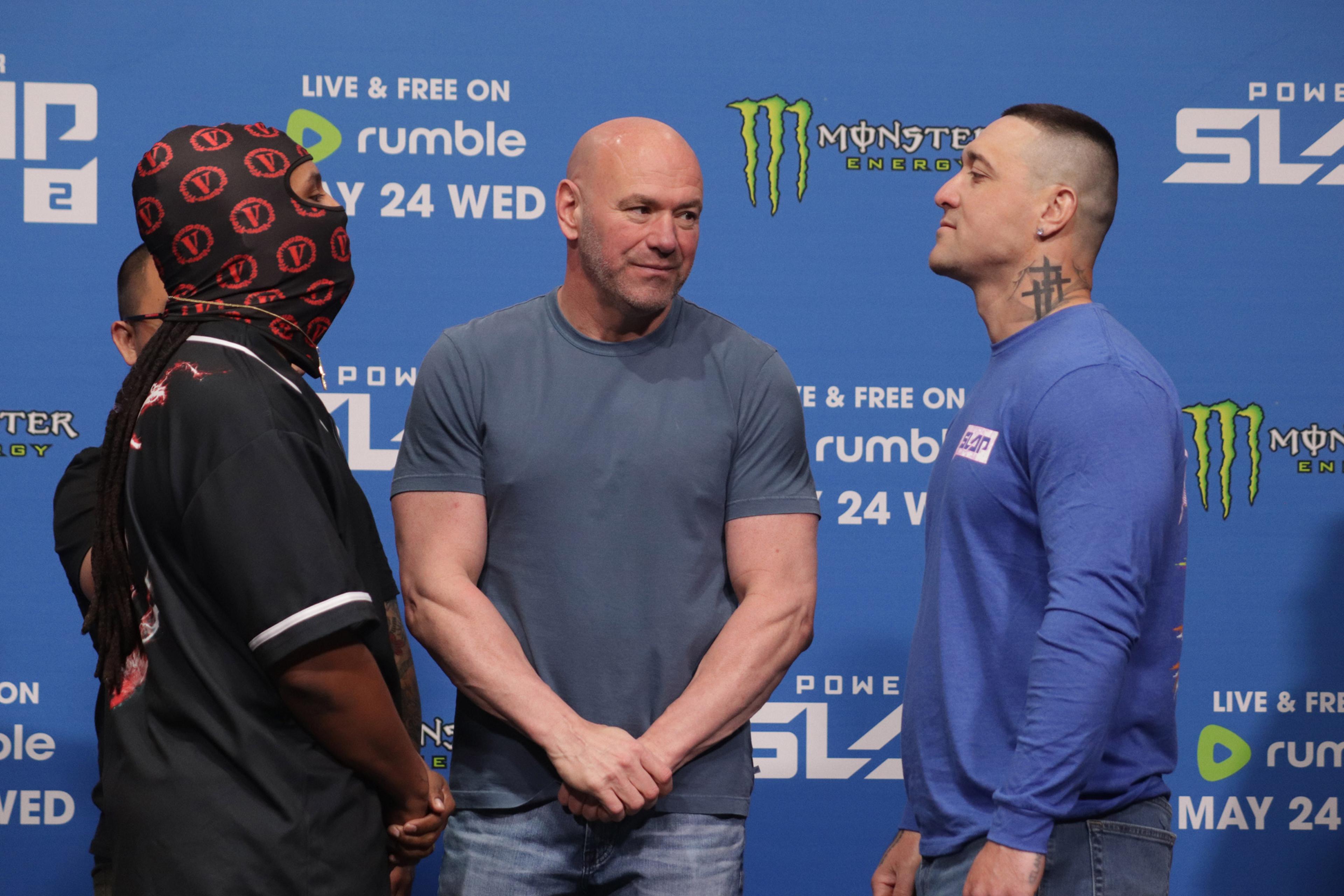Anthony Hintz and Russell Rivero face off during the Power Slap 2 Media Day on May 22, 2023 in Las Vegas.