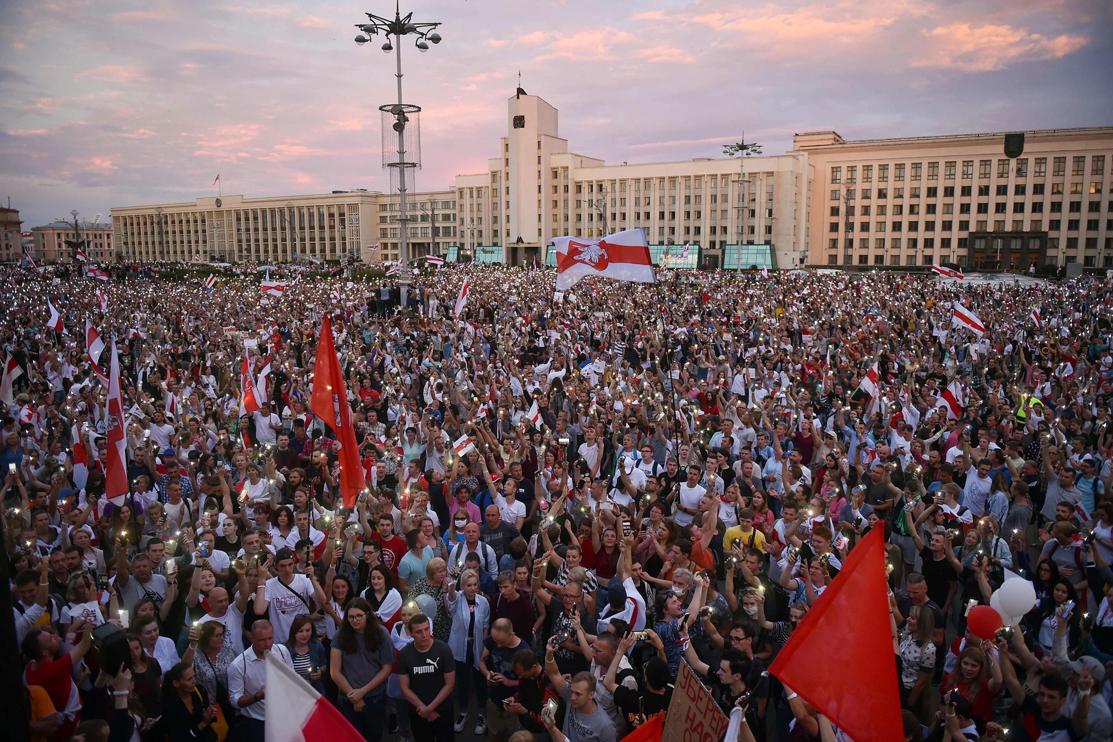 Opposition supporters protest against disputed presidential elections results at Independence Square in Minsk