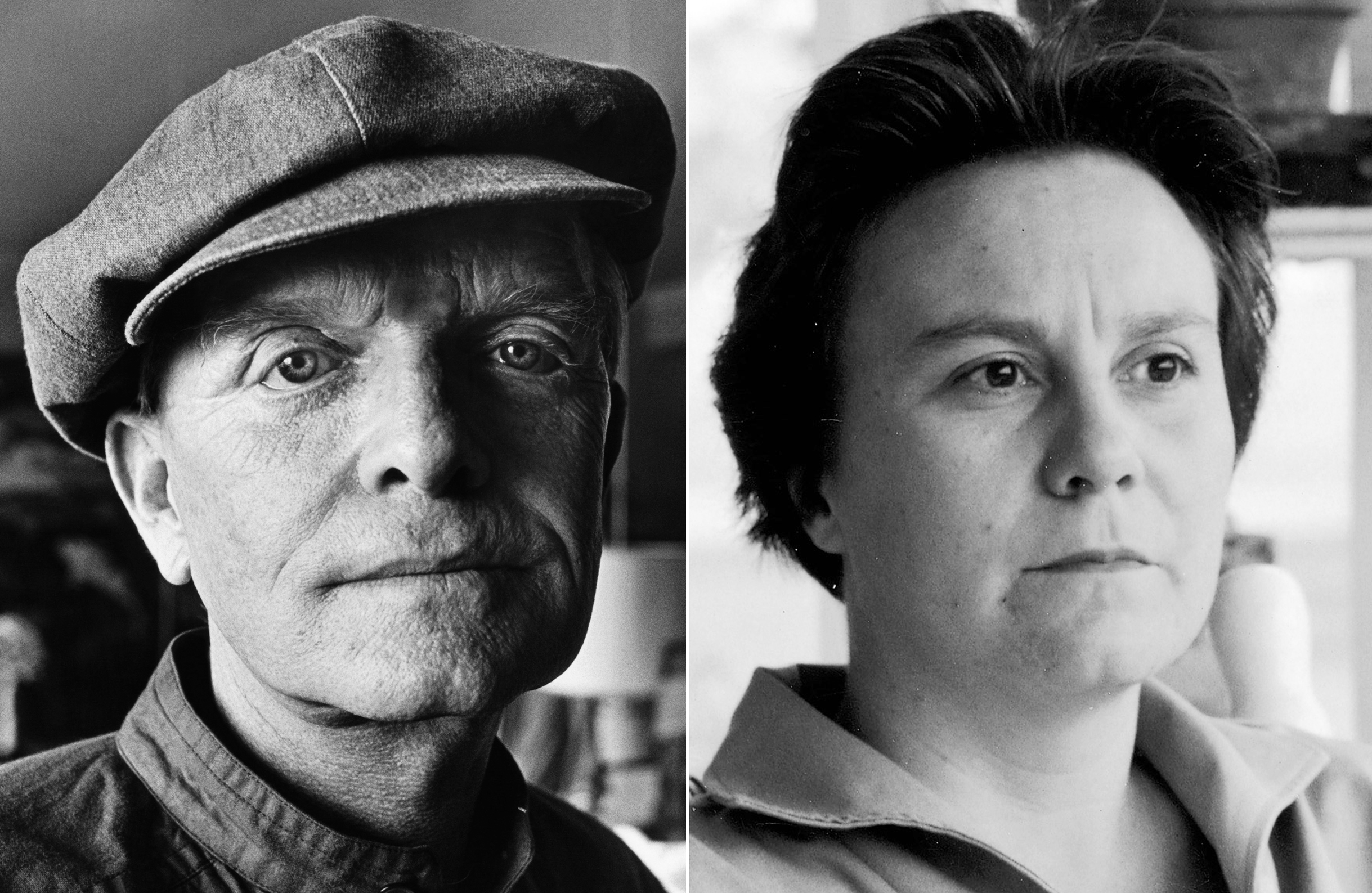 Truman Capote in his Upper East Side apartment in New York City in 1980 (L); Harper Lee in Monroeville, Alabama in May 1961.
