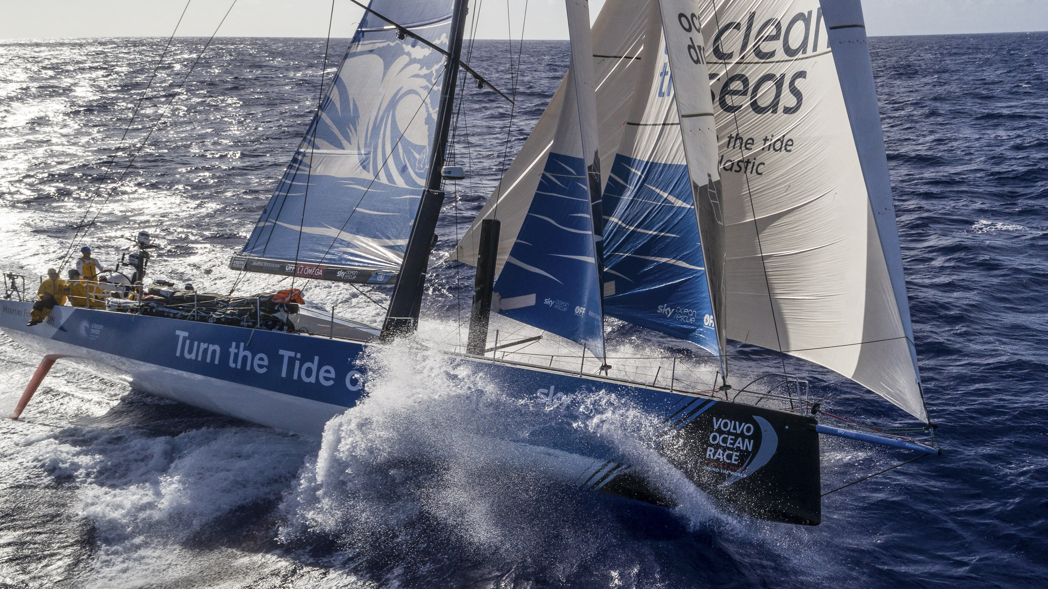 Leg 4, Melbourne to Hong Kong, Day 14 onboard Turn the Tide on Plastic. High speed drone action for the Mariana Trench in the Pacific Ocean Photo by Brian Carlin/Volvo Ocean Race. 16 January, 2018.