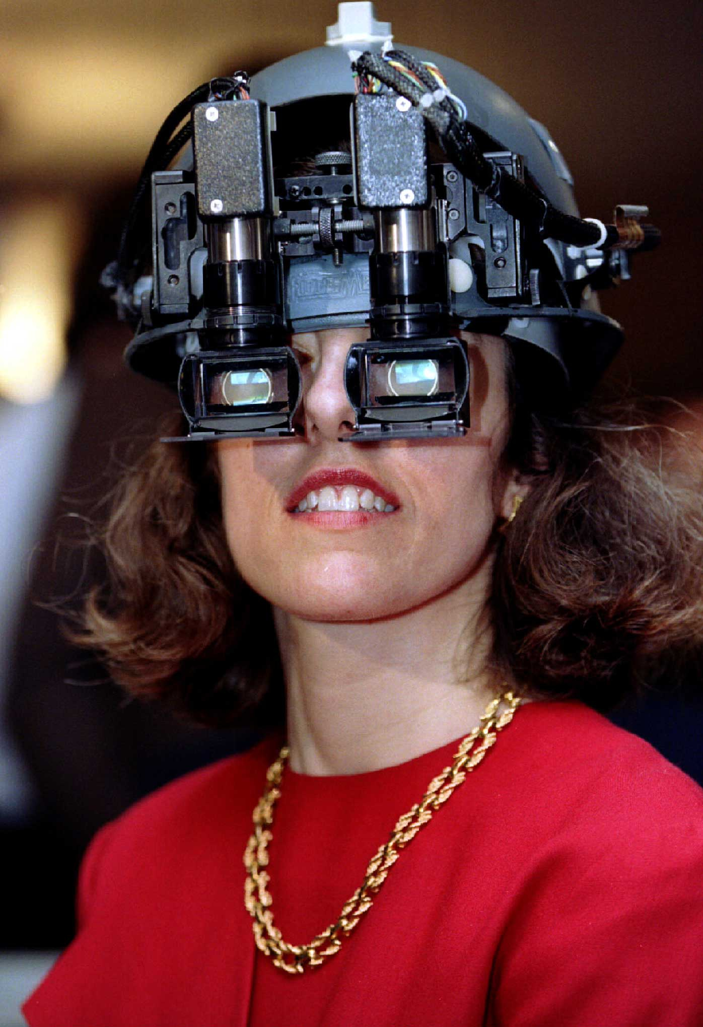 A visitor checking out a virtual reality head-set at the G7 Information Society Showcase taking place at the European Parliament. The head-set was linked to a camera elsewhere in the building which the visitor could control through head movements.
