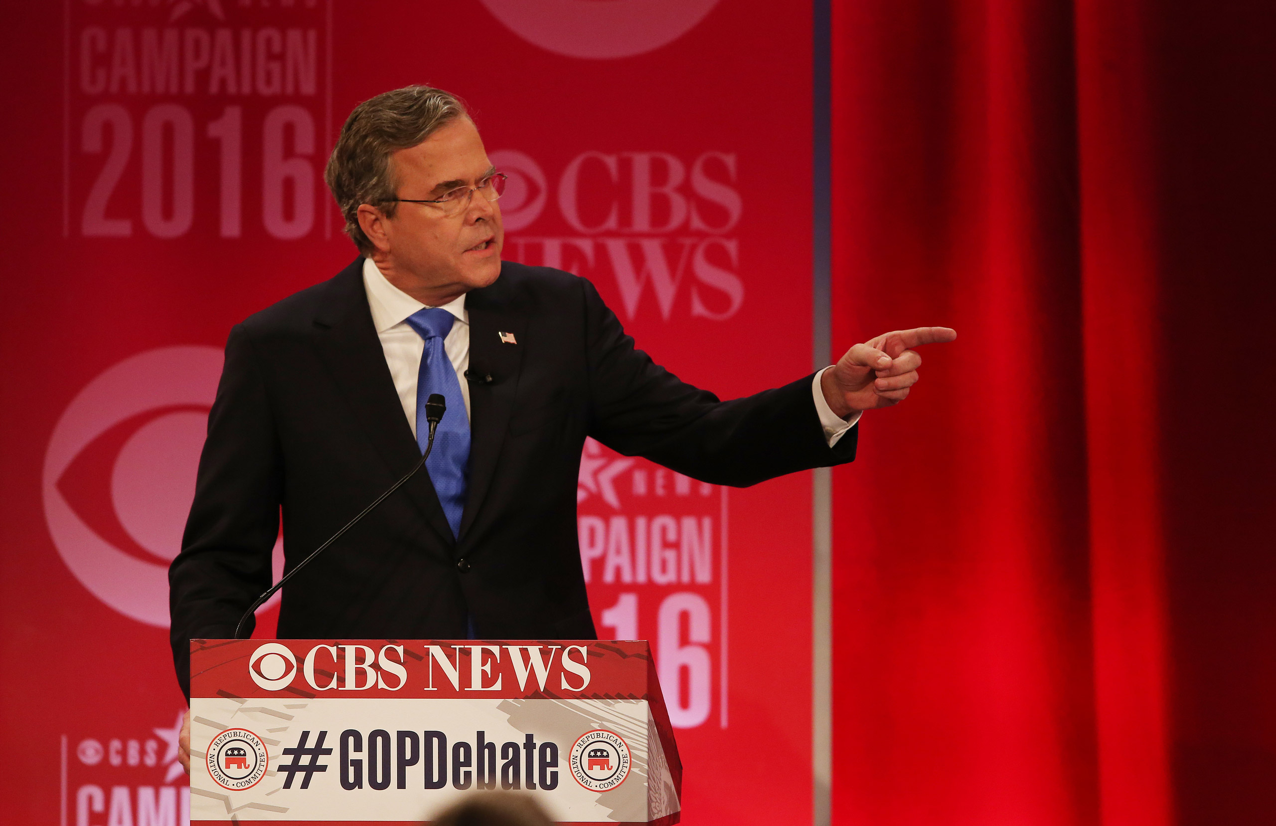 Republican presidential candidate, former Florida Gov. Jeb Bush responds to Republican presidential candidate, businessman Donald Trump during the CBS News Republican presidential debate at the Peace Center, Saturday, Feb. 13, 2016, in Greenville, S.C. (