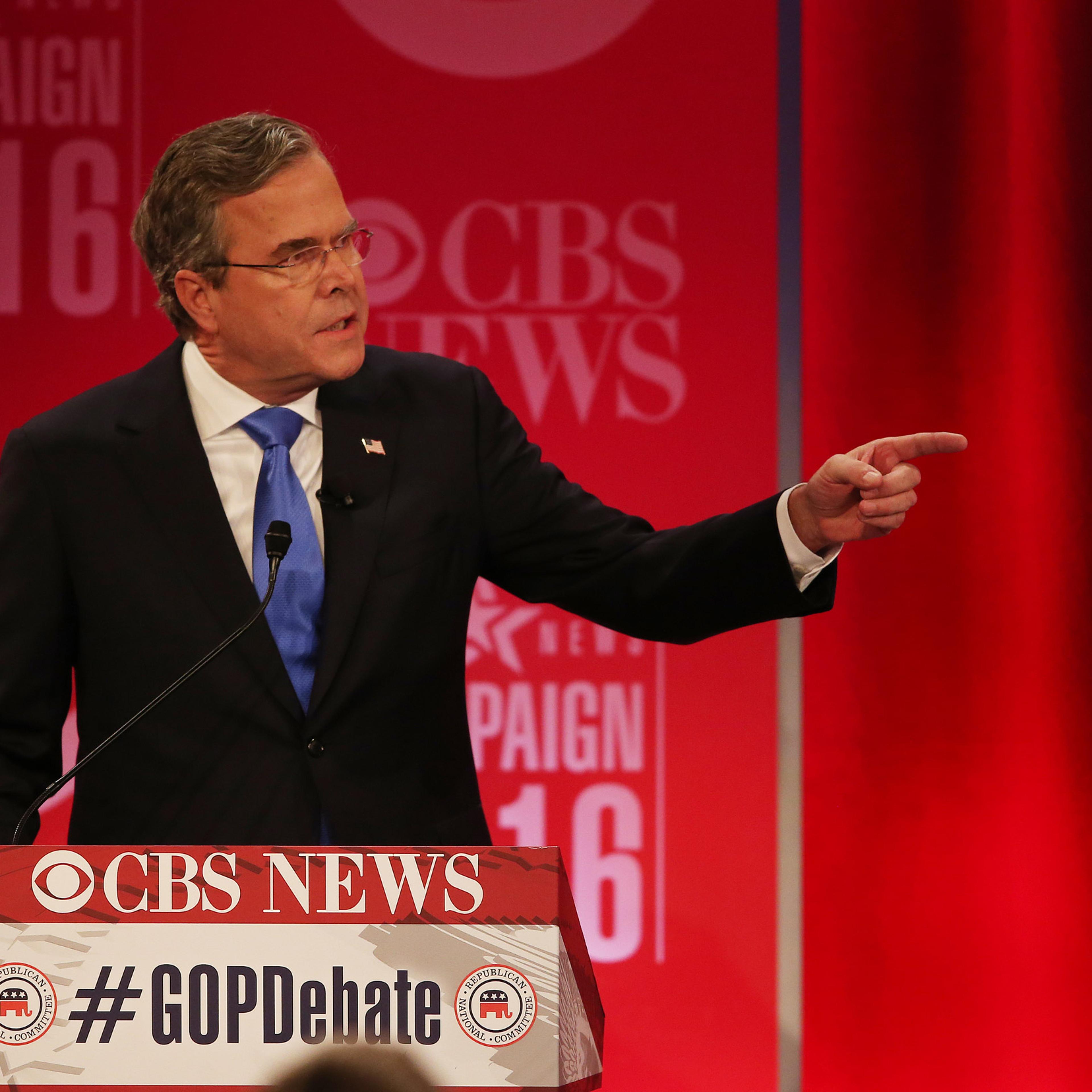 Republican presidential candidate, former Florida Gov. Jeb Bush responds to Republican presidential candidate, businessman Donald Trump during the CBS News Republican presidential debate at the Peace Center, Saturday, Feb. 13, 2016, in Greenville, S.C. (