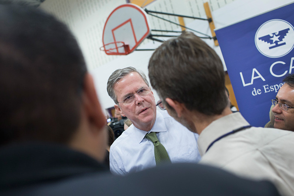 Republican presidential candidate Jeb Bush greats guests at non-profit organization La Casa de Esperanza during a campaign stop with Wisconsin Governor Scott Walker on November 9, 2015 in Waukesha, Wisconsin.