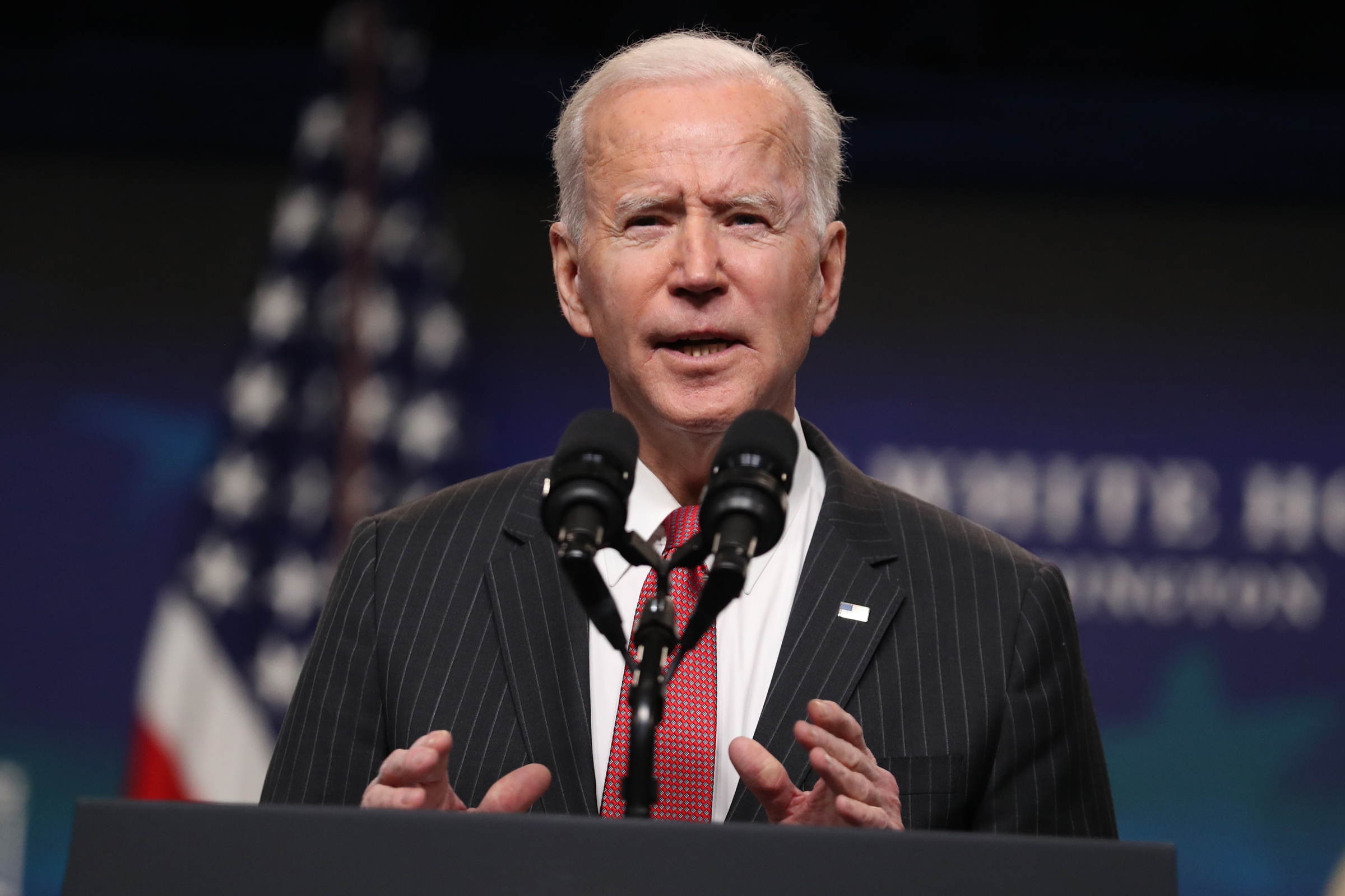 President Joe Biden delivers remarks on the administration's response to the military coup in Myanmar, at the South Court Auditorium at the Eisenhower Executive Office Building in Washington, Wednesday, Feb. 10, 2021. (Oliver Contreras/The New York Times